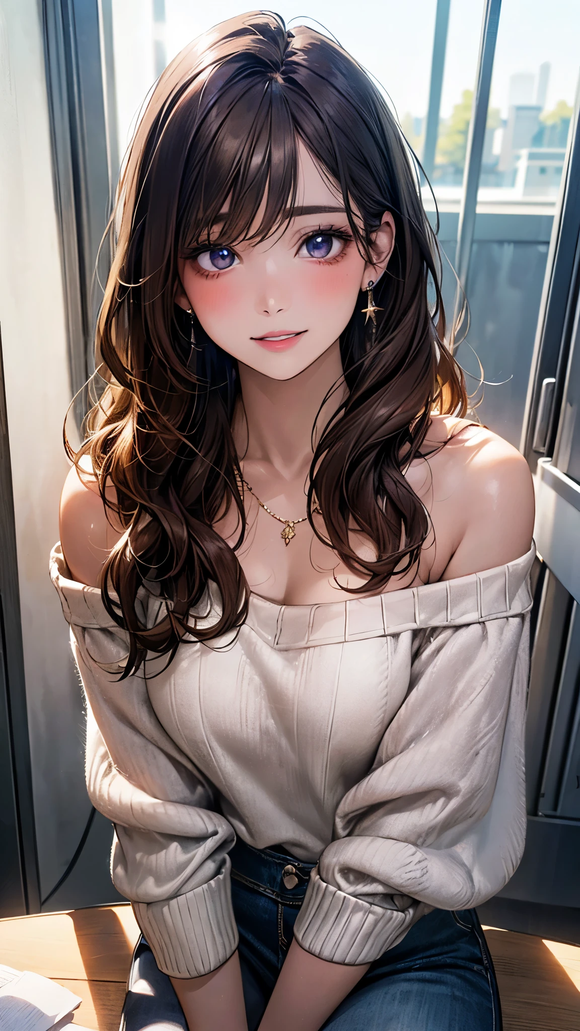 ((best quality)), ((masterpiece)), (detailed), 1girl. off-shoulder sweater. Bottomless. Black hair. Spread legs. Cleavage. Vagina. Small breast.