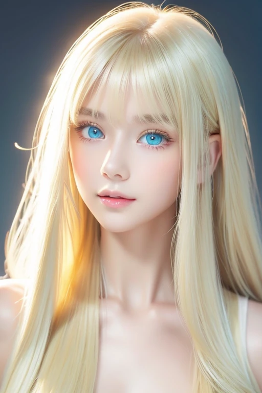 Highest quality、masterpiece、(Realistic:1.4)、One very beautiful blonde girl、Dazzlingly long, super long straight silky platinum blonde、Bangs between the eyes、bangs on the face、Big, very bright light blue eyes that shine so beautifully、Very big eyes、front、Detailed face、Beautiful Eyes、Very white and bright, beautiful skin、Small Face Beauty、 beautiful girl、Cheek gloss highlighter、Round face