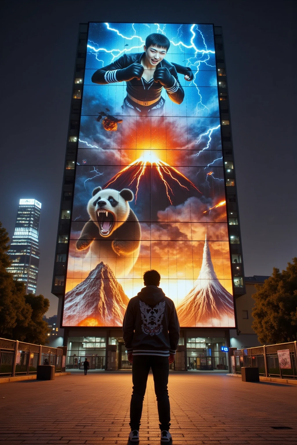 She is standing in front of the Muay Thai fighter vs. terrifying man-eating panda projected on a blue laser projector using the entire large glass-fronted building as a screen, ultra-realistic, photorealistic, dramatic scene, shadow, global-illumination, (Japanese adult girl is looking at viewers:1.5), bad girl, very beautiful with very cute but boyish cool face, she is wearing punk rock outfits with leather jacket, the spectacular image on the building displays\(Muay Thai fighter vs. terrifying man-eating panda, there are the shouting Muay Thai fighter and terrifying panda with fang, volcano, thunder, giant meteorite, galaxy, blackhole, missile, explosion, Muay Thai fighter shows extremely painful expressions\), amazing view of milky way and aurora, professional lighting, at night,