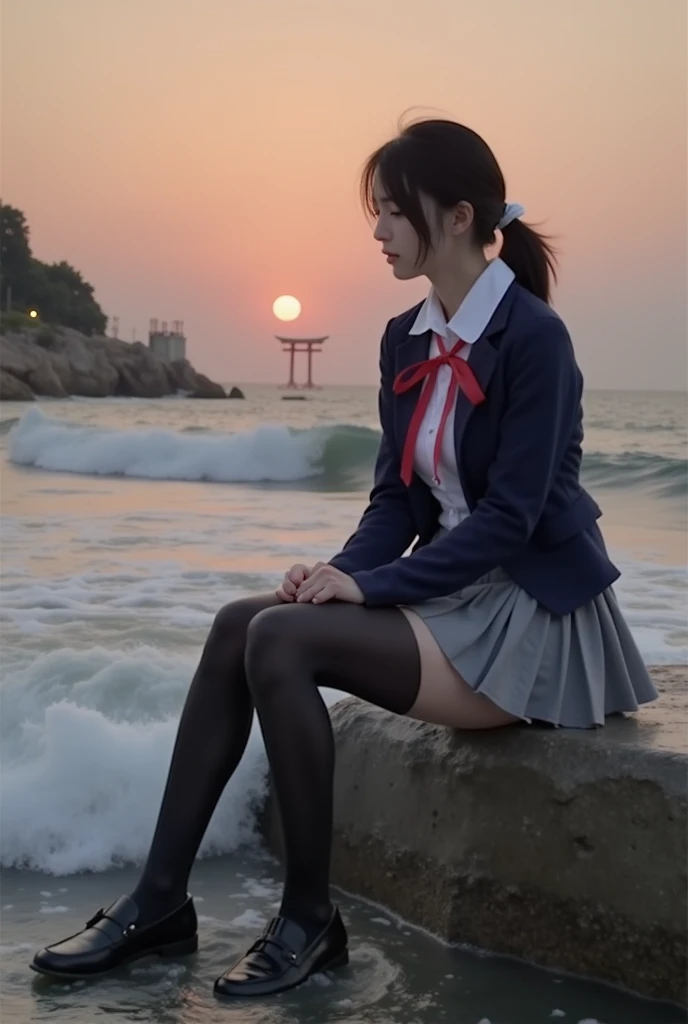 Live action, realistic, a slender, fair-skinned Japanese teenage girl sits on a breakwater by the sea as the sunlight on a winter afternoon turns the sky a bright orange. She gently rocks her legs as she watches the gentle ocean waves in the distance. Her black hair is pulled back in a side ponytail, and she wears a white blouse with an emblazoned navy blazer, a gray plaid pleated skirt, red ribbons, black pantyhose, and black loafers. Subtle hints of Japanese culture, such as a distant torii gate and softly glowing lanterns, dot the shoreline, adding a quiet, authentic charm. Shot with a full-size digital SLR camera at 50mm, f/1.8, this portrait emphasizes photorealism and brings out the delicate texture of her skin and individual strands of hair.