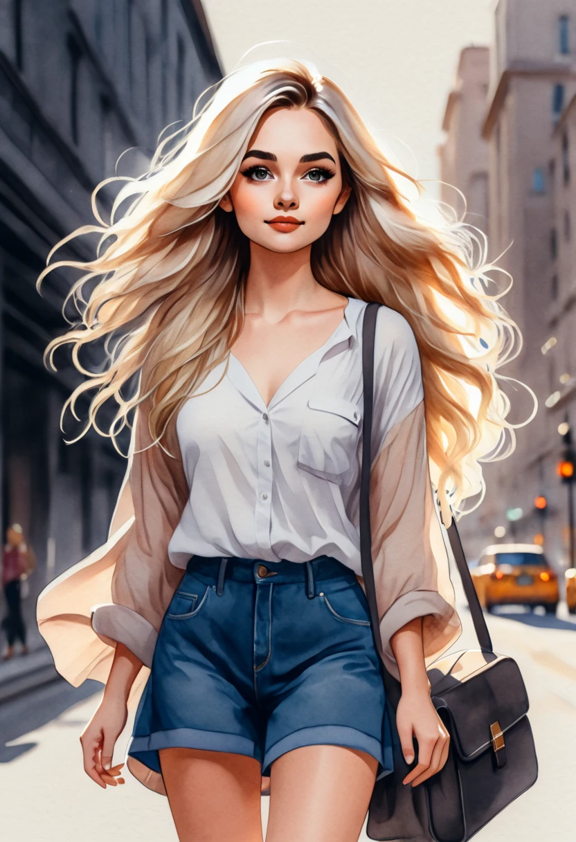  a watercolor painting of a woman with long blond hair and a bag,a mulher esta vestido um short e camisa branca beautiful drawing style, detailed  fashion illustration , Long hair girl , | | very anime!!!, Her loose hair , A girl with blonde hair, detailed and cute art , blonde anime pose Girl with long, beautiful blonde, drawing style, cute realistic painting , pose Girl with long,  fashion illustration 