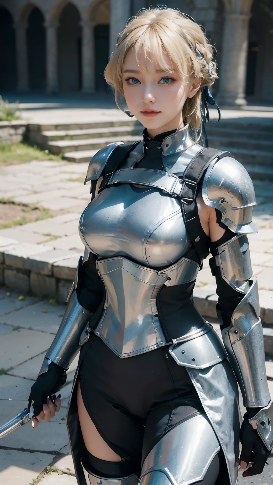woman in her 20s、1 person、Angelic、There are large white wings on the back、Has 6 wings、Swan wings、With a round face、round chin、Close-up of a woman in armor holding a sword, Armor girl, female knight, big and full breasts、full armor, full armor, gorgeous female paladin, female knight, of a Beautiful female knight, Beautiful armor, Plump、thick waist、wide waist、full armor, armor、Gorgeous full-body armor, Amazing armor, Trending on Art Station Pixiv, Beautiful female knight、has a large sword、Great Sword of Steel、happy look、looking here、Look at me、Lakeside、white military flags lined up, There is a large army behind us far away.、With forest and mountains in the background、black string、Black pattern,kurapika, bob hair, blonde hair, (long tits:1.1), (huge tits:1.1), (saggy tits:1.2), (BIG ASS:1.2)
