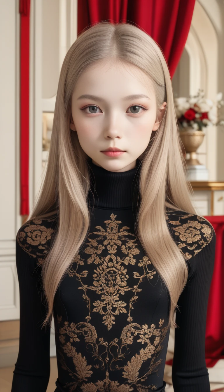 Highest quality、masterpiece、Perfect Anatomy、Center of chest,Black Dress,turtleneck, (((15-year-old girl, Healthily slim body, long hair)))、Small breasts、Small breasts、Flat Chest、Turtleneck knit