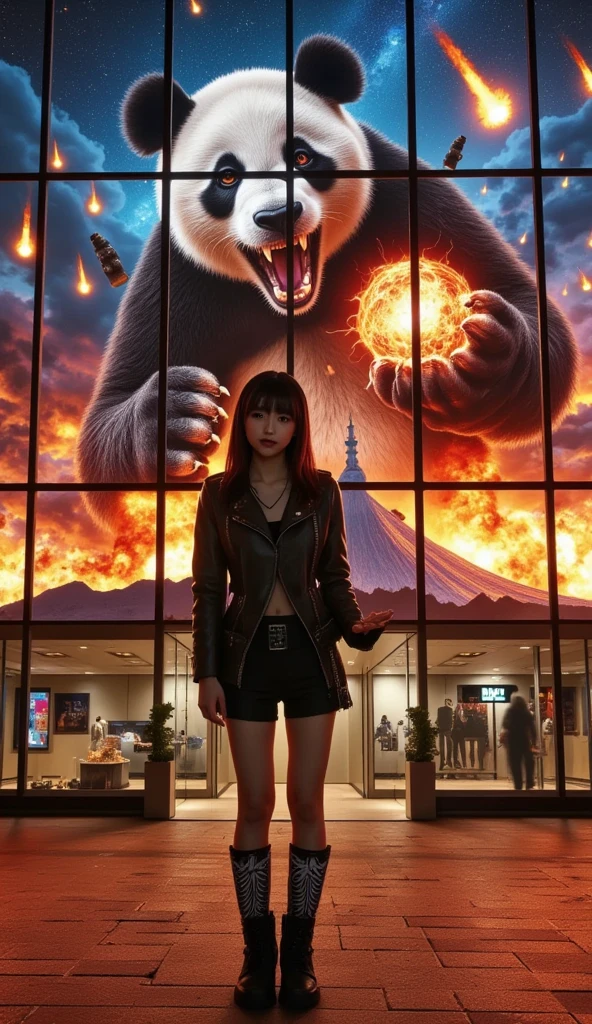 She is standing in front of the Muay Thai fighter vs. terrifying man-eating panda projected on a blue laser projector using the entire large glass-fronted building as a screen, ultra-realistic, photorealistic, dramatic scene, shadow, global-illumination, (Japanese adult girl is looking at viewers:1.5), bad girl, very beautiful with very cute but boyish cool face, she is wearing punk rock outfits with leather jacket, the spectacular image on the building displays\(Muay Thai fighter vs. terrifying man-eating panda, there are the shouting Muay Thai fighter and terrifying panda with fang, volcano, thunder, giant meteorite, galaxy, blackhole, missile, explosion, Muay Thai fighter shows extremely painful expressions\), amazing view of milky way and aurora, professional lighting, at night,