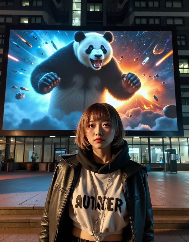 She is standing in front of the Muay Thai fighter vs. terrifying man-eating panda projected on a blue laser projector using the entire large glass-fronted building as a screen, ultra-realistic, photorealistic, dramatic scene, shadow, global-illumination, (Japanese adult girl is looking at viewers:1.5), bad girl, very beautiful with very cute but boyish cool face, she is wearing punk rock outfits with leather jacket, the spectacular image on the building displays\(Muay Thai fighter vs. terrifying man-eating panda, there are the shouting Muay Thai fighter and terrifying panda with fang, volcano, thunder, giant meteorite, galaxy, blackhole, missile, explosion, Muay Thai fighter shows extremely painful expressions\), amazing view of milky way and aurora, professional lighting, at night,