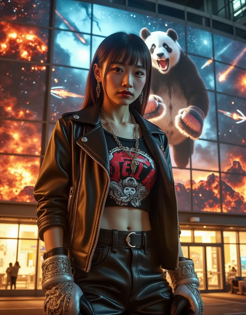 She is standing in front of the Muay Thai fighter vs. terrifying man-eating panda projected on a blue laser projector using the entire large glass-fronted building as a screen, ultra-realistic, photorealistic, dramatic scene, shadow, global-illumination, (Japanese adult girl is looking at viewers:1.5), bad girl, very beautiful with very cute but boyish cool face, she is wearing punk rock outfits with leather jacket, the spectacular image on the building displays\(Muay Thai fighter vs. terrifying man-eating panda, there are the shouting Muay Thai fighter and terrifying panda with fang, volcano, thunder, giant meteorite, galaxy, blackhole, missile, explosion, Muay Thai fighter shows extremely painful expressions\), amazing view of milky way and aurora, professional lighting, at night,