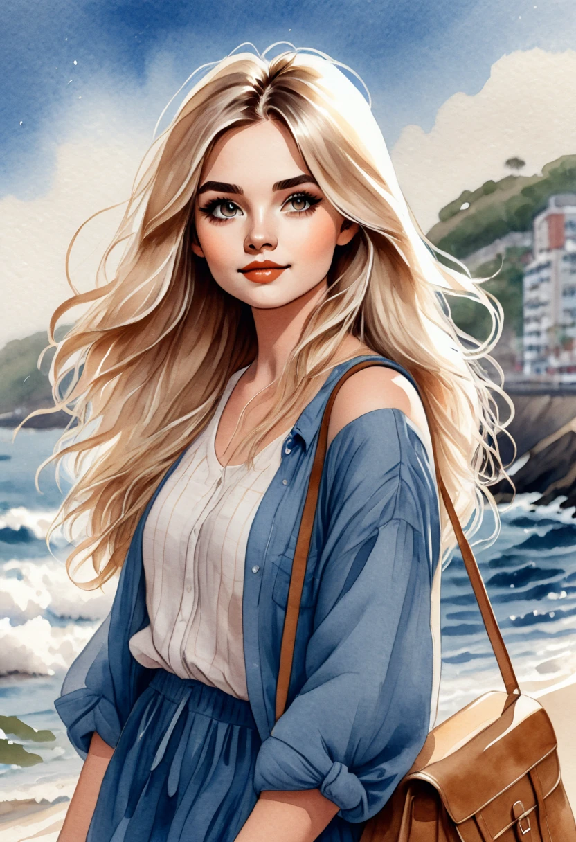 a watercolor painting of a woman with long blond hair and a bag seen from the coast,a mulher esta vestido um short e camisa branca beautiful drawing style, detailed  fashion illustration , Long hair girl , | | very anime!!!, Her loose hair , A girl with blonde hair, detailed and cute art , blonde anime pose Girl with long, beautiful blonde, drawing style, cute realistic painting , pose Girl with long,  fashion illustration 