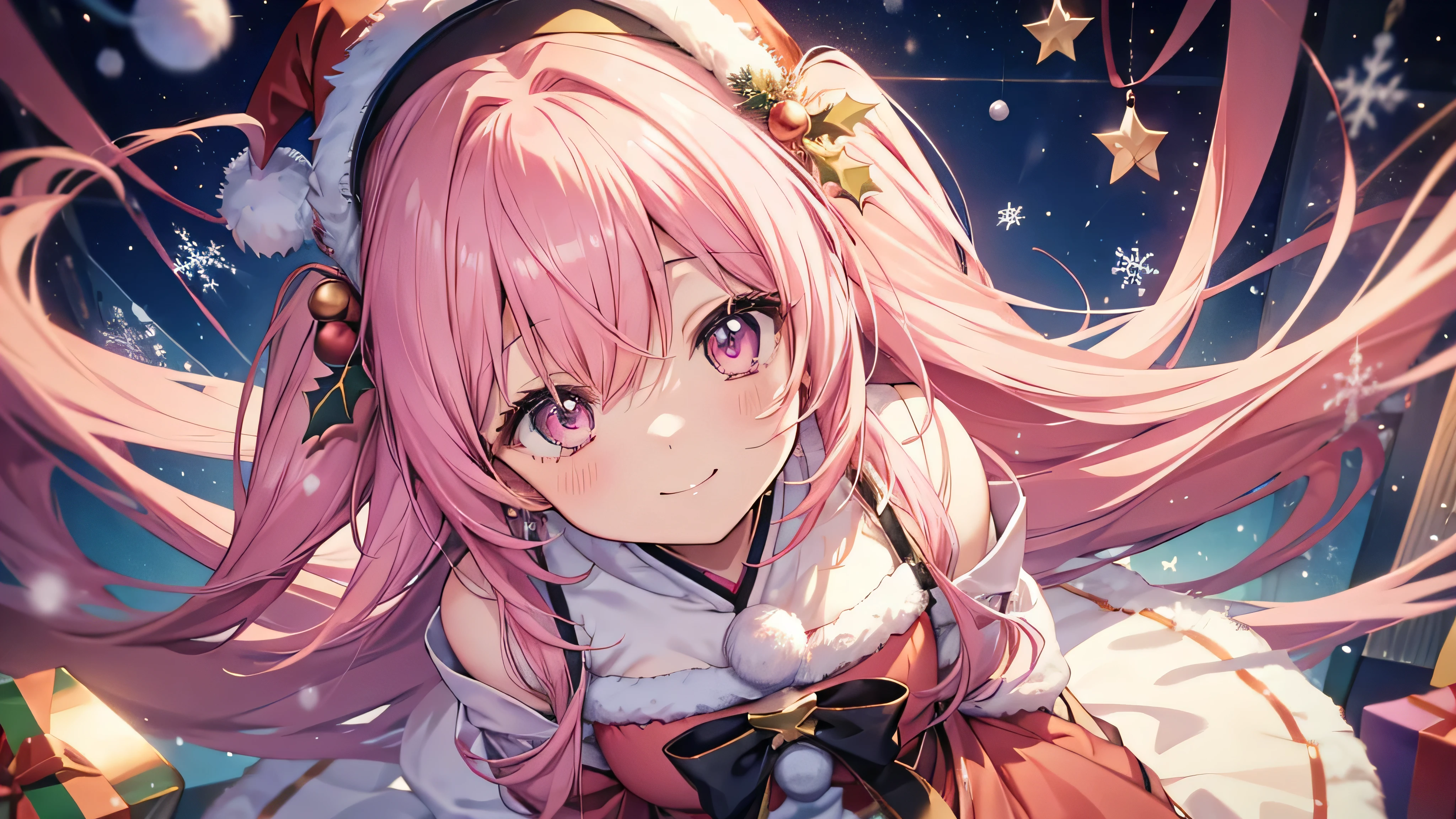 cute anime pink haired girl、 Dynamic 、 long hair、(Angle from above、 Best Smile 、 Christmas style )