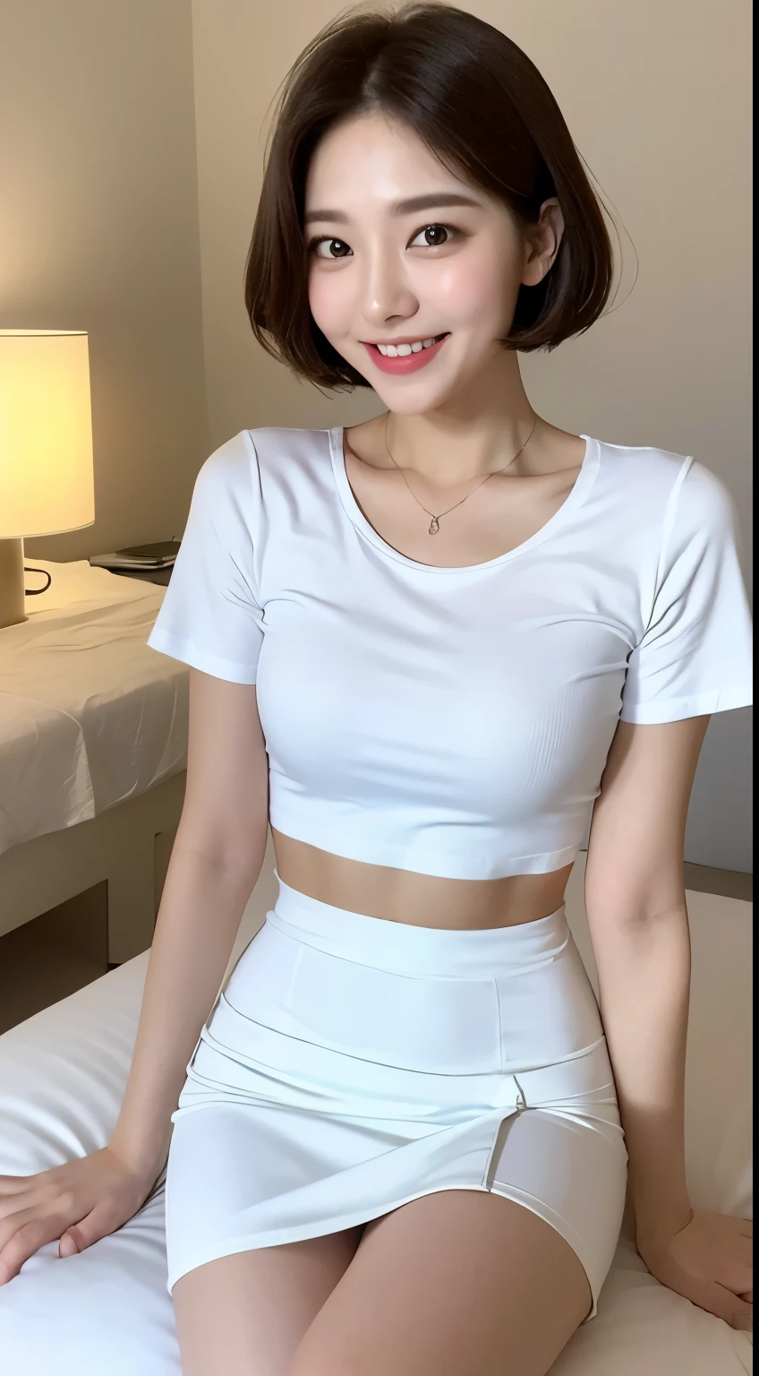 white tight shirt、white tight mini skirt、bed、smile、short sleeve、high resolution、Korean idol face