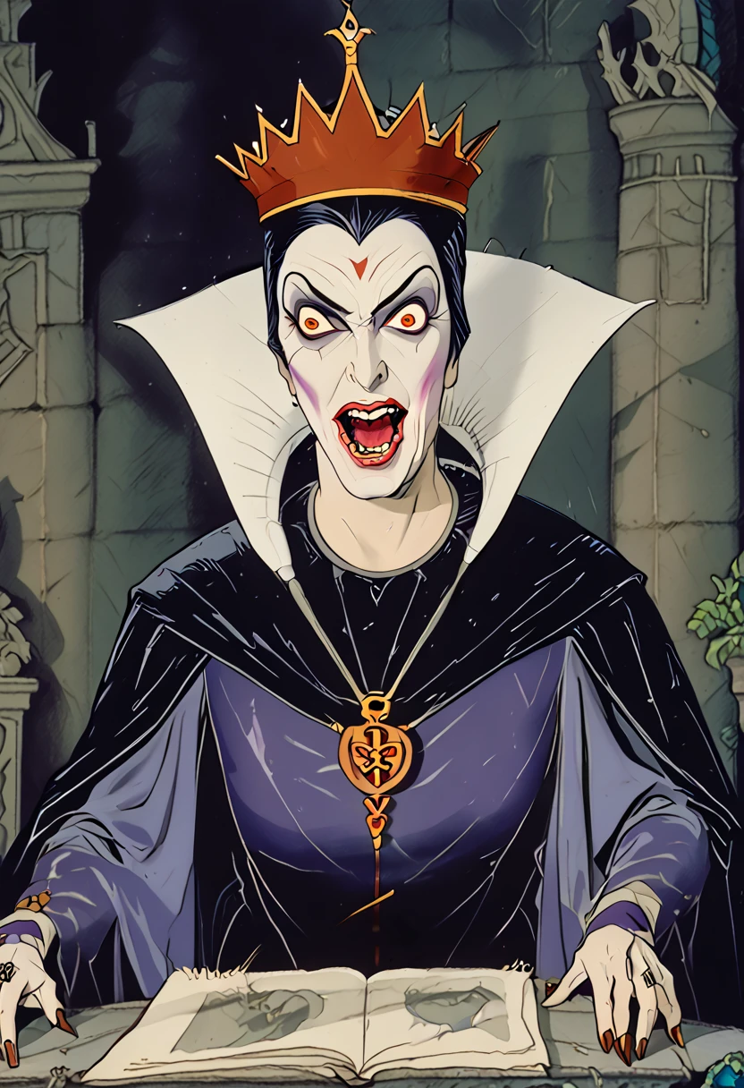 queen grimhilde cackling, unsettling laughter, too funny, unfunny, ominous, sinister, dark humor