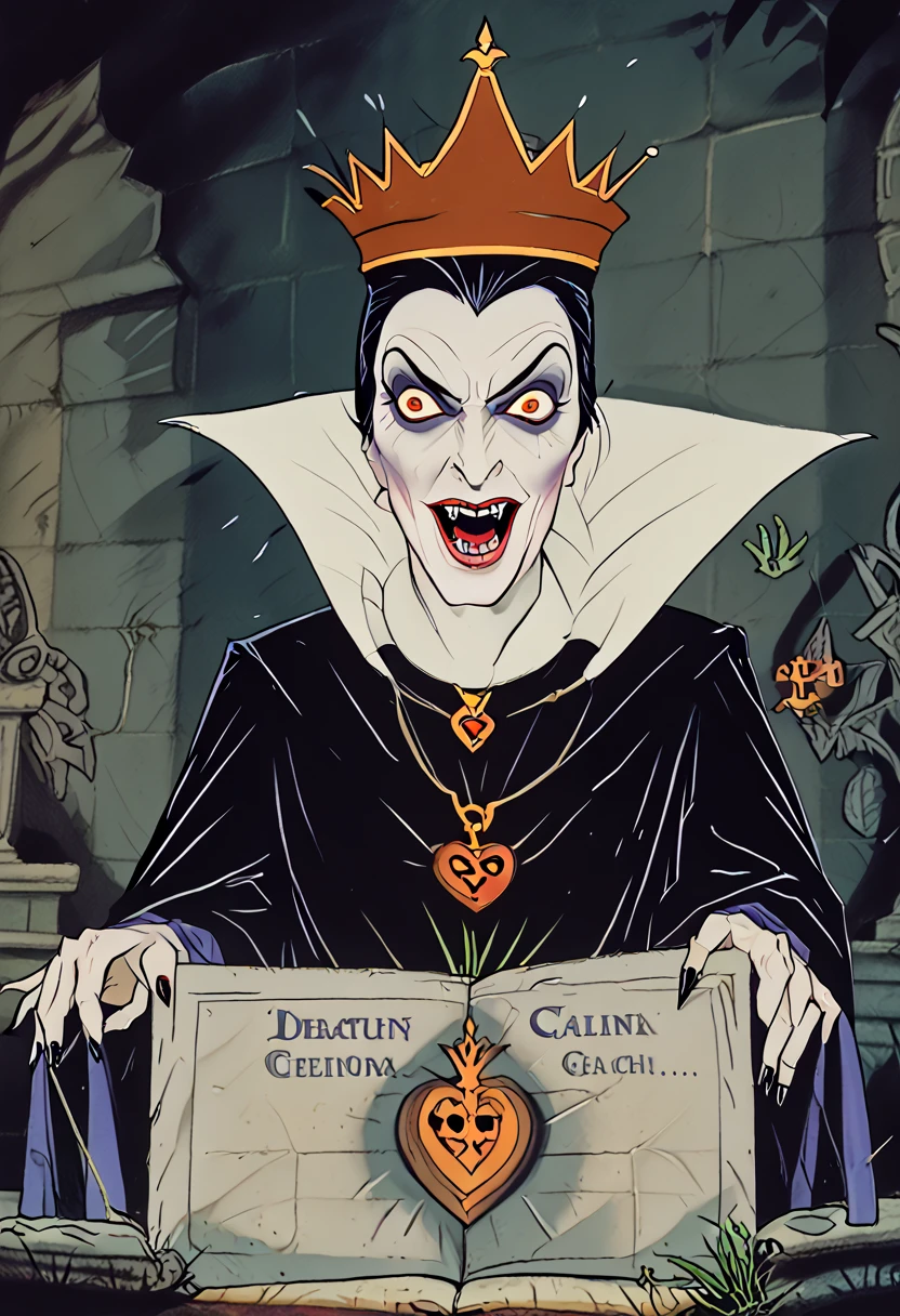 queen grimhilde cackling, unsettling laughter, too funny, unfunny, ominous, sinister, dark humor