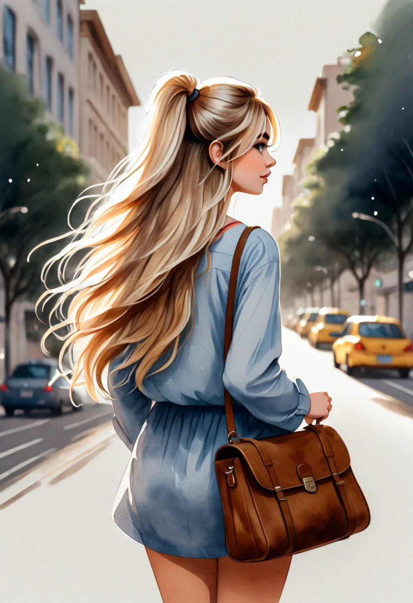  a watercolor painting of a woman with long blond hair and a bag seen from behind,a mulher esta vestido um short e camisa branca beautiful drawing style, detailed illustration of mod a, Long hair girl , | | very anime!!!, Her loose hair , A girl with blonde hair, detailed and cute art , blonde anime pose Girl with long, beautiful blonde, drawing style, cute realistic painting , pose Girl with long, illustration of mod 