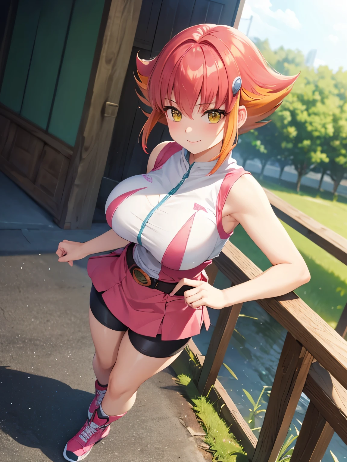 1 Female,High definition,high resolution,Ultra-realistic,8K, Annadef, 1girl, solo, multicolored hair, two-tone hair, hair ornament, yellow eyes, short hair, pink hair, red hair, orange hair, large breasts, breasts, 
smile, shorts, sleeveless, belt, black shorts, bike shorts,pink skirt, large breasts,European,sexy,Upper body close-up,Photographed from the front,Dynamic Angles,(blush), (medium tits) ,(standing),(full body)