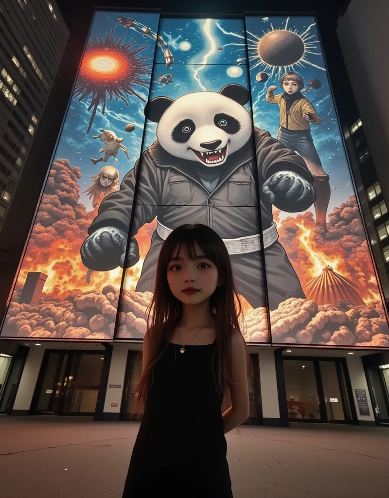 She is standing in front of the Muay Thai fighter vs. terrifying man-eating panda projected on a blue laser projector using the entire large glass-fronted building as a screen, ultra-realistic, photorealistic, dramatic scene, shadow, global-illumination, (Japanese adult girl is looking at viewers:1.5), bad girl, very beautiful with very cute but boyish cool face, she is wearing hzk devil girl styled punk rock outfits with leather jacket, the spectacular image on the building displays\(Muay Thai fighter vs. terrifying man-eating panda, there are the shouting Muay Thai fighter and terrifying panda with fang, volcano, thunder, giant meteorite, galaxy, blackhole, missile, explosion, Muay Thai fighter shows extremely painful expressions\), amazing view of milky way and aurora, professional lighting, at night,