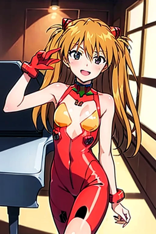 (( top quality)), ((masterpiece)), (be familiar with),  perfect face, indoor, bedroom,  watching viewers,
One woman,  Soryu Asuka Langley,
 open mouth,  ecstatic expression beside the piano, blush, smile,
 small tits,  flat chested, Young girl, Lori,  s,  girl,
 long hair,  Twin Tails ,
Leg spread,