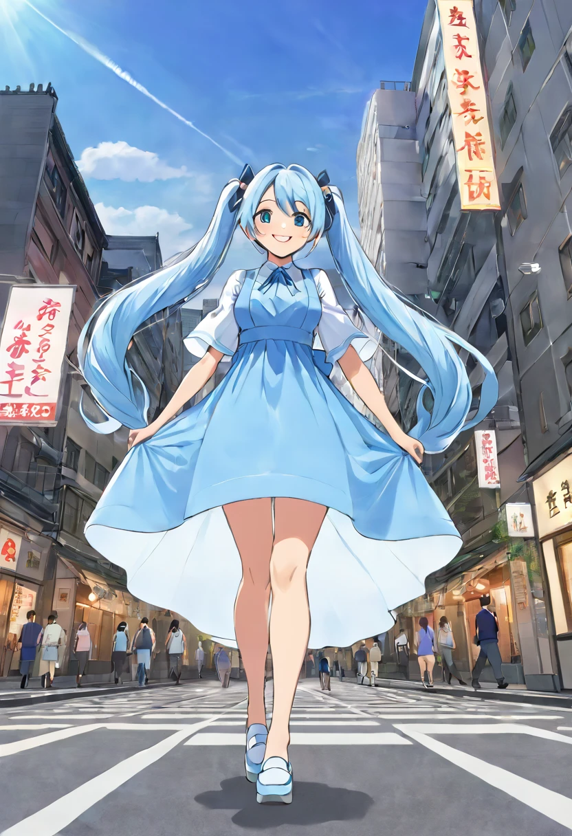 masterpiece,  top quality,  Light Blue Long Hair 、 beautiful giant girl with a hairstyle or twin tails、smile、 I'm walking around the city 、Buildings and people 々 look small 、街をsmileで見下ろす美少女