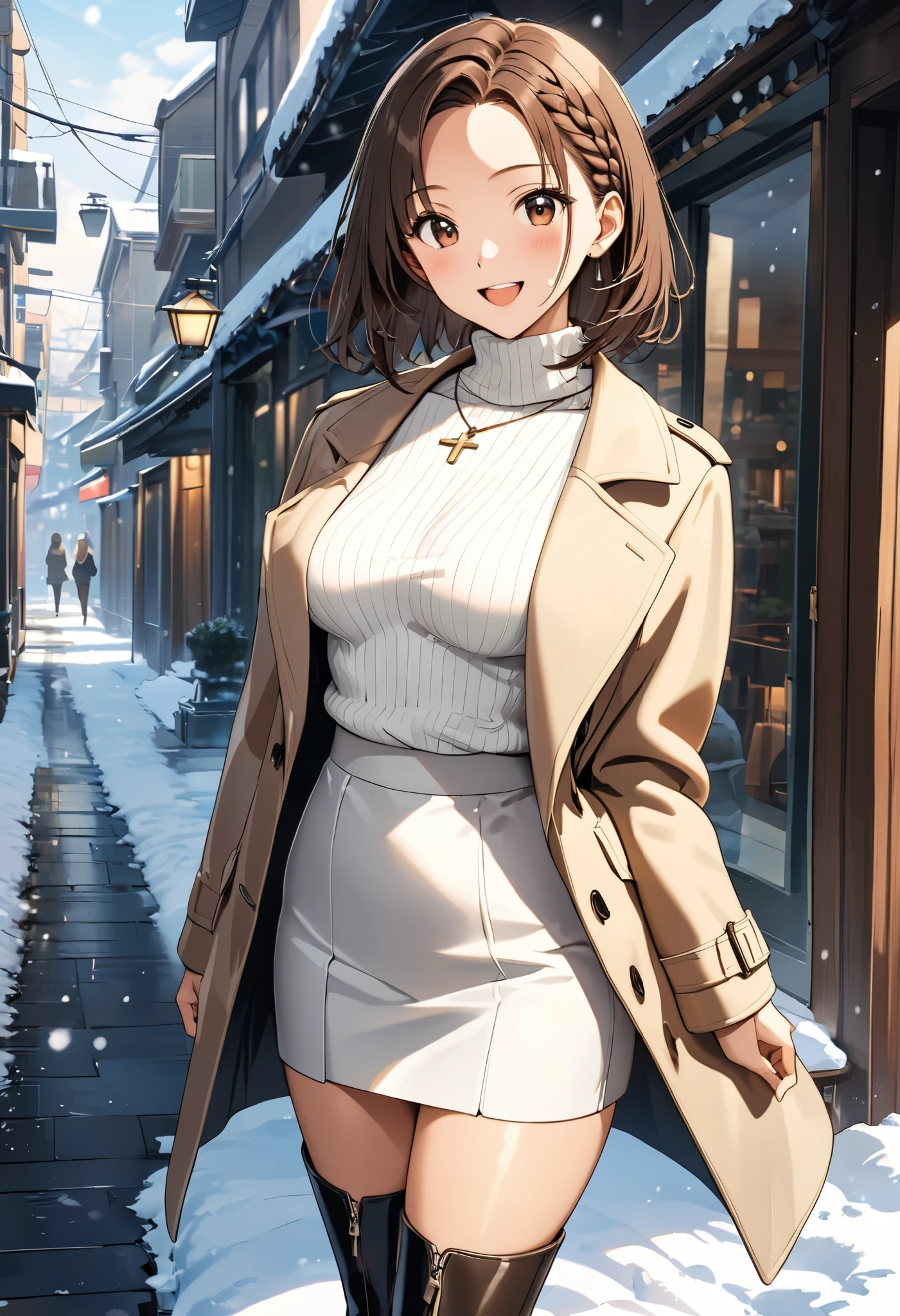 masterpiece, Best Quality, High resolution,16k,official art,super detailed skin,detailed,animated painting, Takarada Rikka ,1990s \(style\),(F cup beautiful breasts)、25years old, (tall:1.2),height: 175cm,Sexy long legs,Fashion model body type,Medium Hair,forehead,Brown Hair,french braid,(coat,long sleave knit, mini skirt,boots:1.3),white mini skirt,cross necklace,(tanned skin:1.3),Muscular、1girl,big laugh,Shy、Shyness,blush,Anime-style painting style,Close-up of the full body,Cinematic lighting,superfine,magnificent view、in the city,morning,winter,snow,sexy,closeup