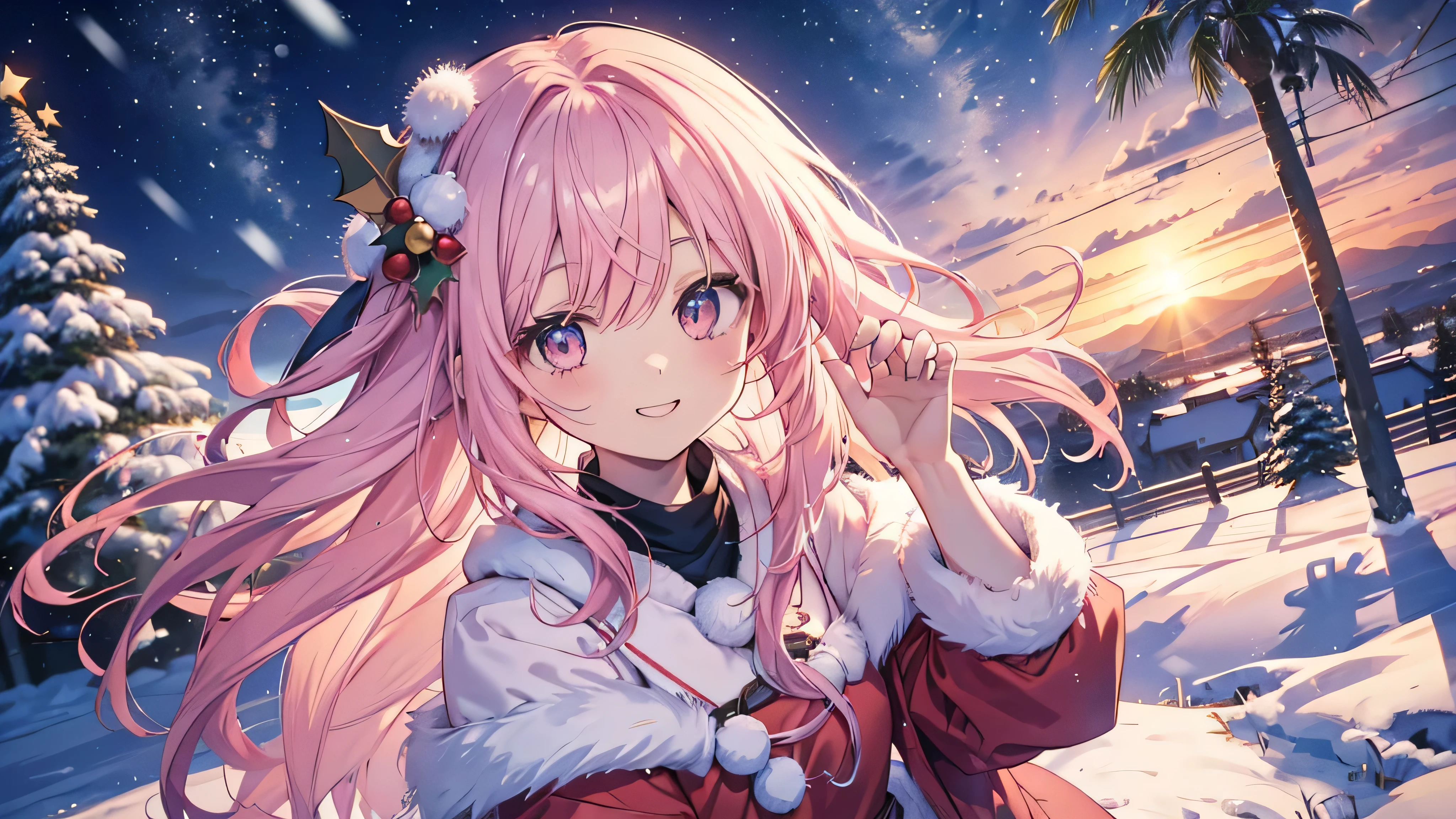  cute anime pink haired girl、 Dynamic 、 long hair、(Angle from above、 Best Smile 、Christmas style snowy landscape ,)