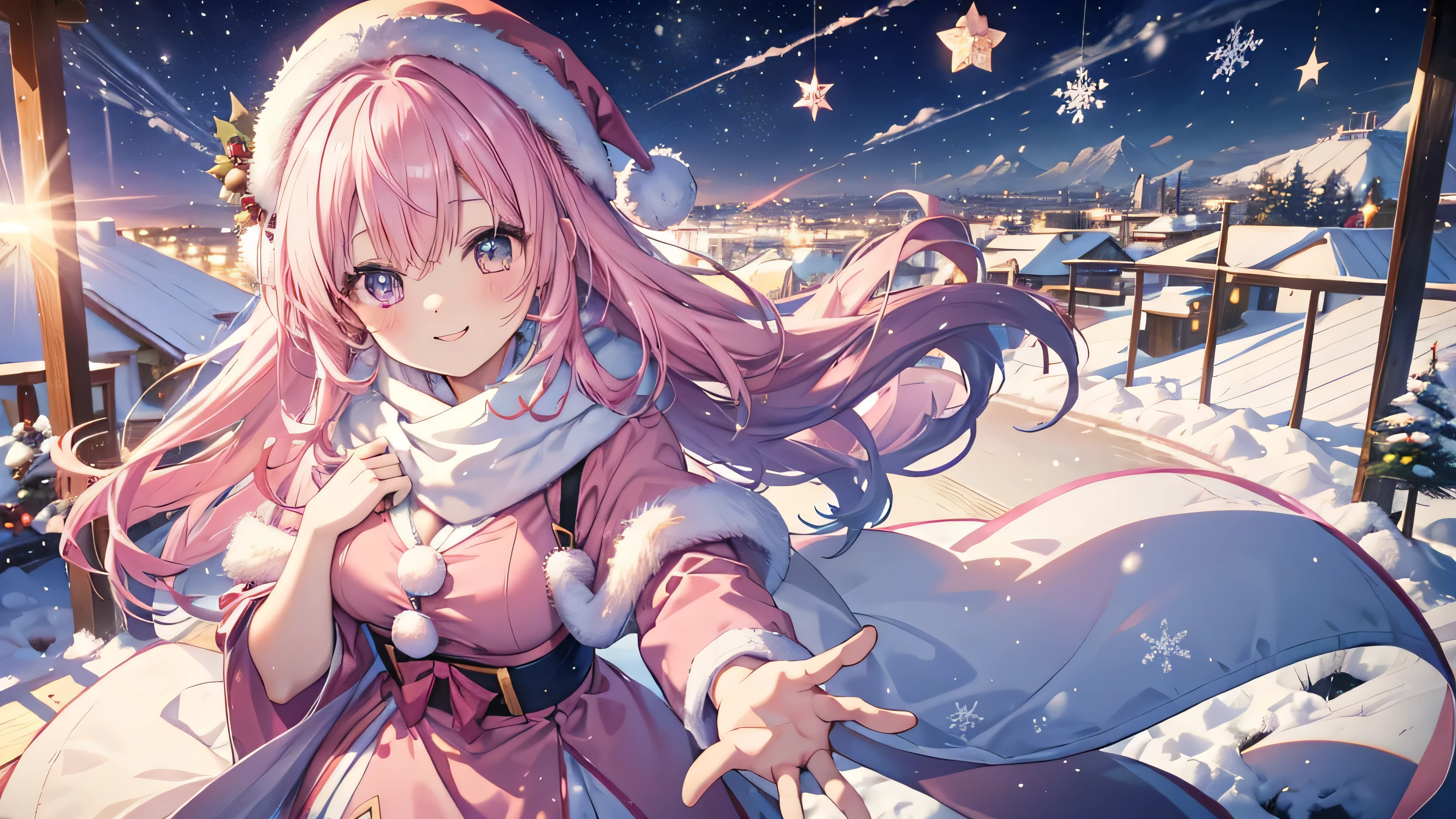  cute anime pink haired girl、 Dynamic 、 long hair、(Angle from above、 Best Smile 、Christmas style snowy landscape ,)