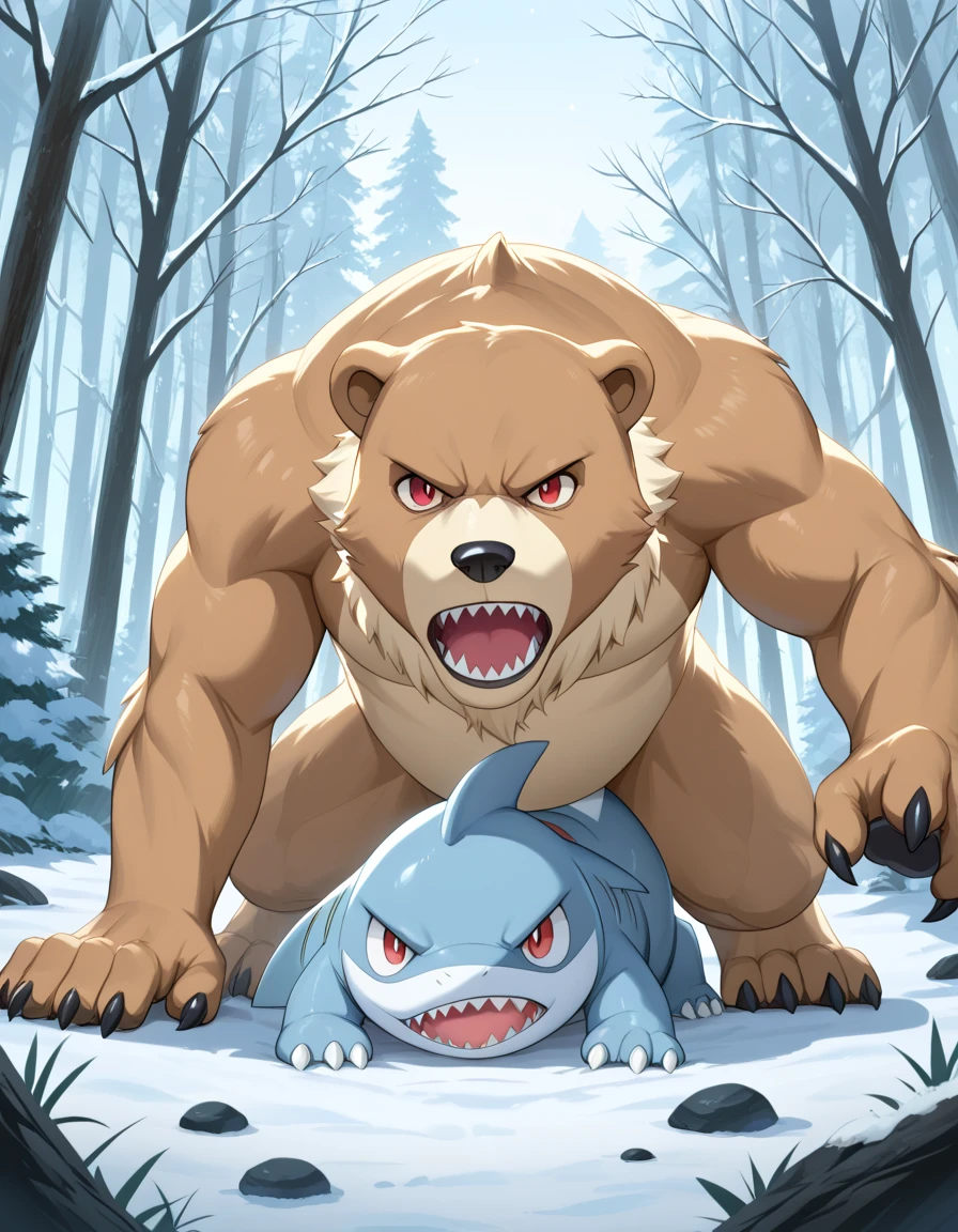 score_9, score_8_up, score_7_up, dsktrdcardxl, dog mixed with bear, jaws, monster, creature, angry, aggressive, attacking, red eyes, facing the camera, shark thins, winter forest, icestorm, claws, pokemon