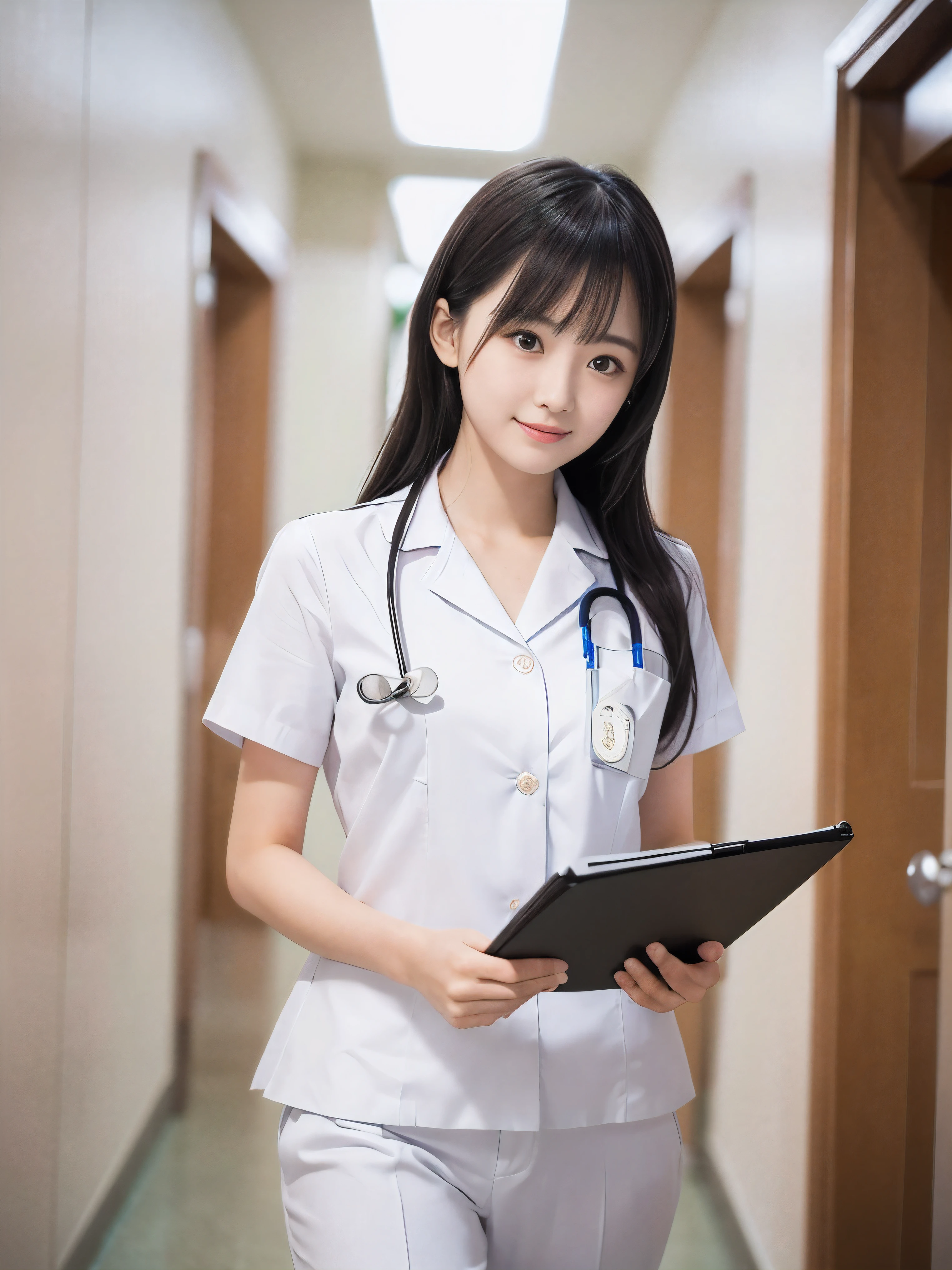 (Close-up face shot of one slender small breasts two side up black medium hair with bangs girl in a white nurse long pants uniform :1.5)、(One nurse is walking with hold the file book in arms in the hospital glass corridor with small smile:1.5)、 (blurred background:1.5)、(High-key photo:1.5)、(Natural light:1.5)、(8k ultra detailed master piece:1.5)、(perfect anatomy:1.5)、(Photorealistic stick:1.5)、(Raw photo:1.3)、(highest quality:1.5)、(High resolution:1.3)、(Delicate and beautiful perfect face:1.3)、(Delicate and beautiful eye air skin:1.3)、(Real Human Skin:1.3)、((thin legs))
