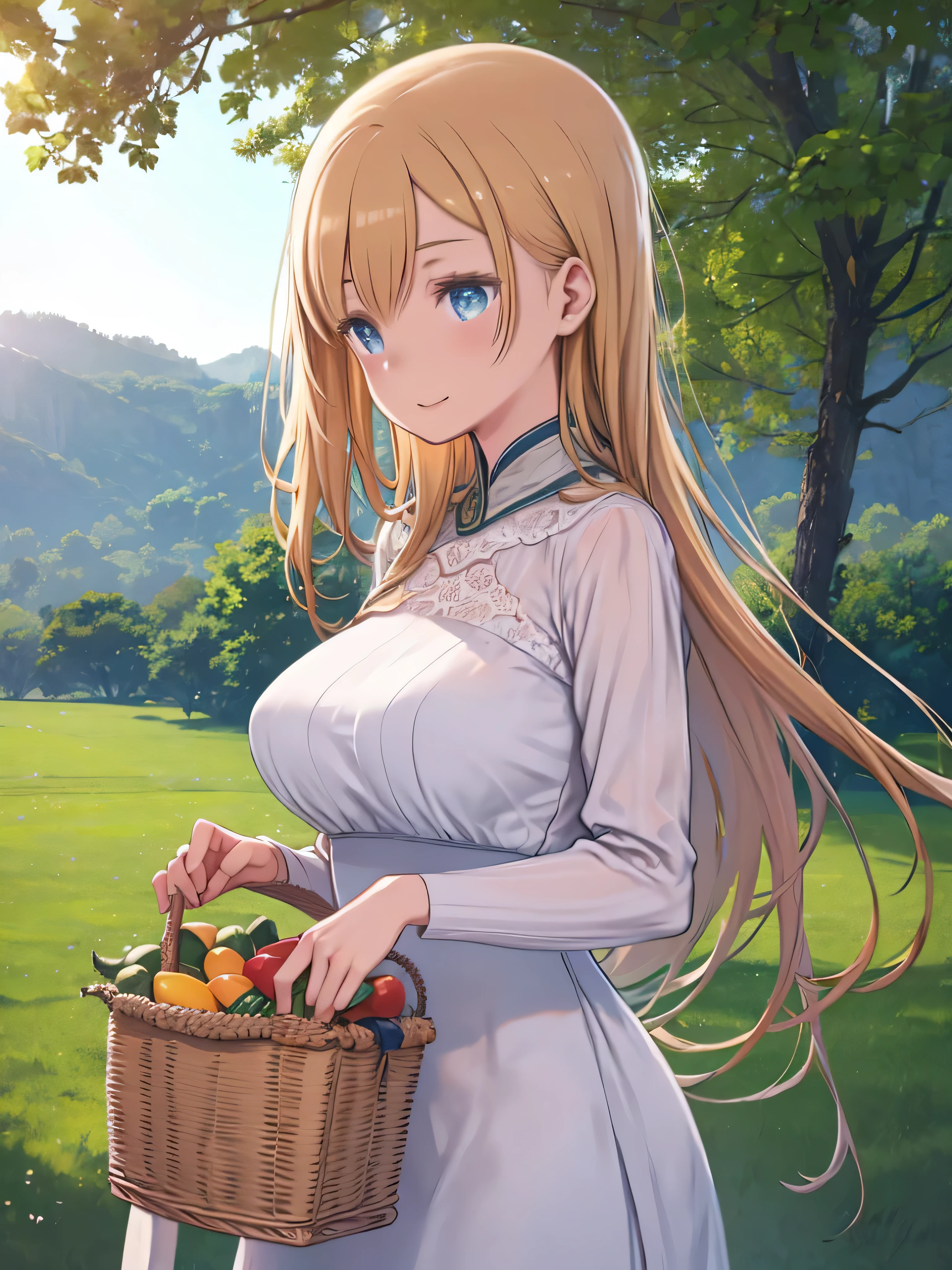 1 girl, gal, Big Breasts,( top quality, exquisite resolution, super detailed,masterpiece),( photorealistic),8k,( detailed face ), delicate and realistic skin texture, Beautiful woman in farmhouse attire , Standing in a picturesque rural landscape, A field and 、Provocative , soft sunlight illuminating her expression , , holding a basket full of fresh vegetables , a quiet, joyful expression , detailed textures of clothing and surroundings , Nature Theme, high definition .