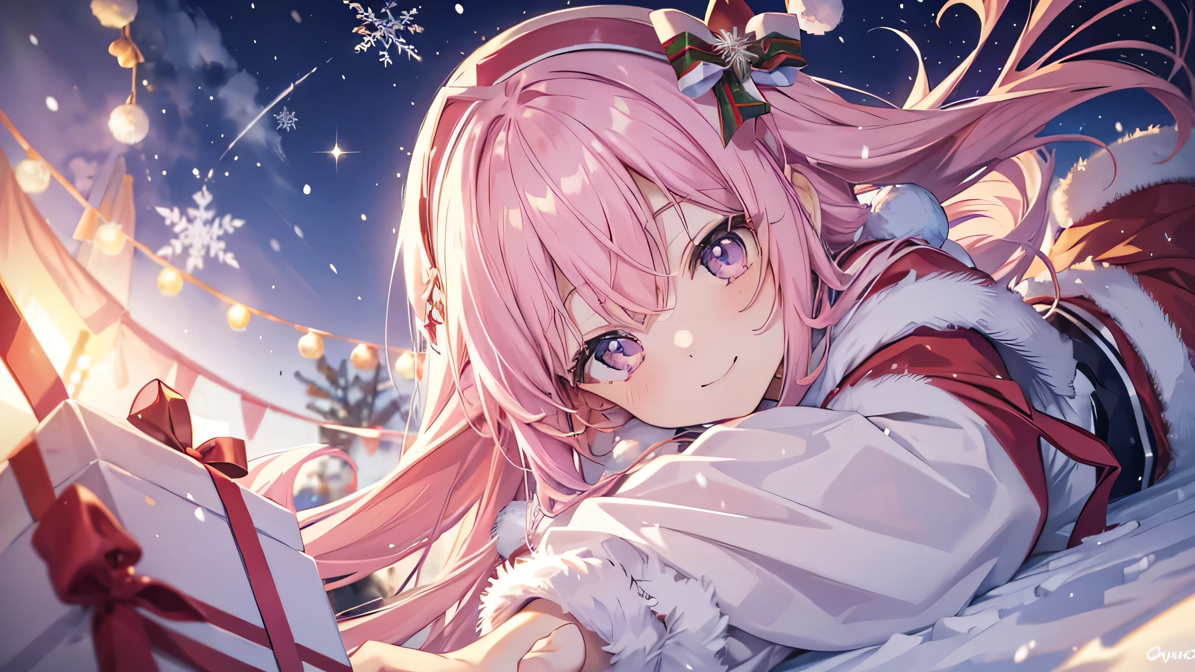 cute anime pink haired girl、 Dynamic 、 long hair、( angle from below、 Best Smile 、 Christmas style ,Snow Scene,)