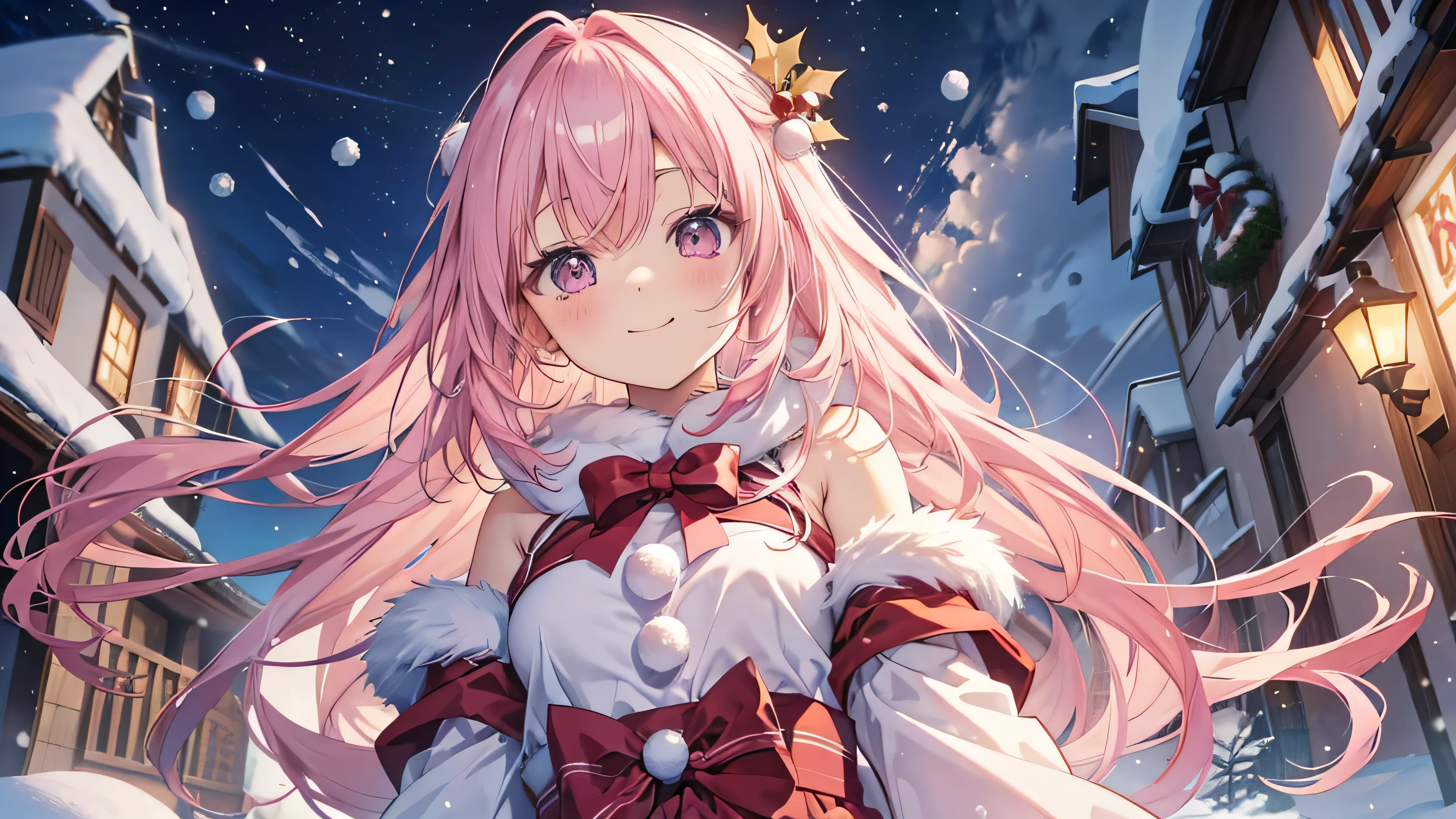 cute anime pink haired girl、 Dynamic 、 long hair、( angle from below、 Best Smile 、 Christmas style ,Snow Scene,)