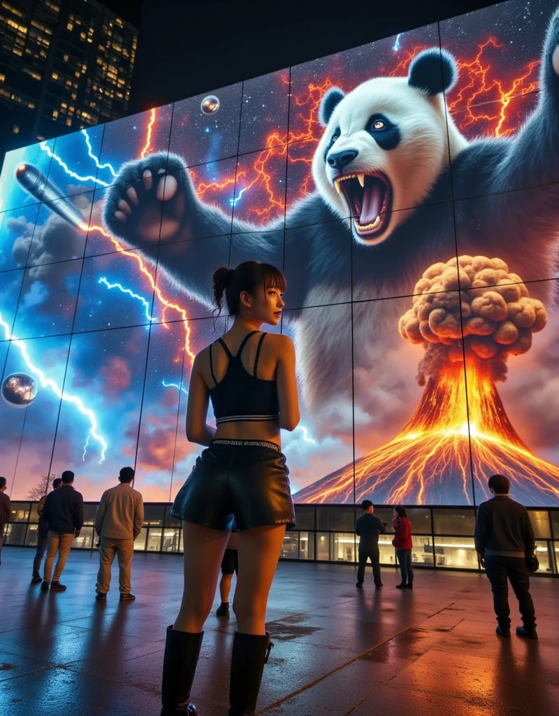 She is standing in front of the Muay Thai fighter vs. terrifying man-eating panda projected on a blue laser projector using the entire large glass-fronted building as a screen, ultra-realistic, photorealistic, dramatic scene, shadow, global-illumination, (Japanese adult girl is looking at viewers:1.5), bad girl, very beautiful with very cute but boyish cool face, she is wearing punk rock outfits with leather jacket, there is a Muay Thai fighter flying in the sky, the spectacular image on the building displays\(Muay Thai fighter vs. terrifying man-eating panda, there are the shouting Muay Thai fighter and terrifying panda with fang, volcano, thunder, giant meteorite, galaxy, blackhole, missile, explosion, Muay Thai fighter shows extremely painful expressions\), amazing view of milky way and aurora, professional lighting, at night,