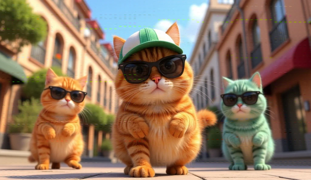 Pixar animated 3D image with vibrant color. Cute fat cat with dark orange fur with straight white stripes. Wearing sunglasses, green and white trucker cap, walking arrogantly beside colorful female cats, housing complex street situation.