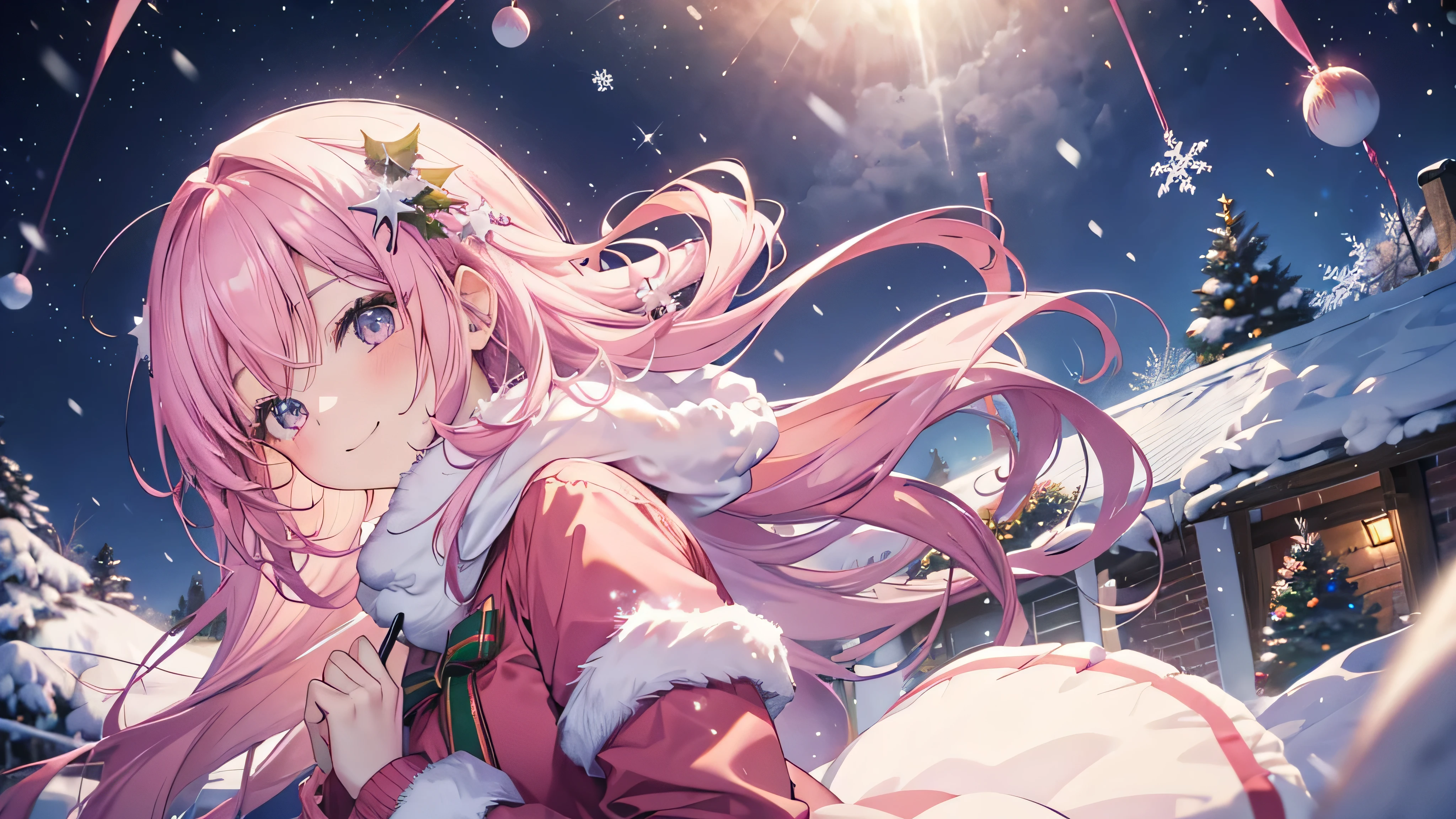 cute anime pink haired girl、 Dynamic 、 long hair、( angle from side 、 Best Smile 、 Christmas style ,Snow Scene,)