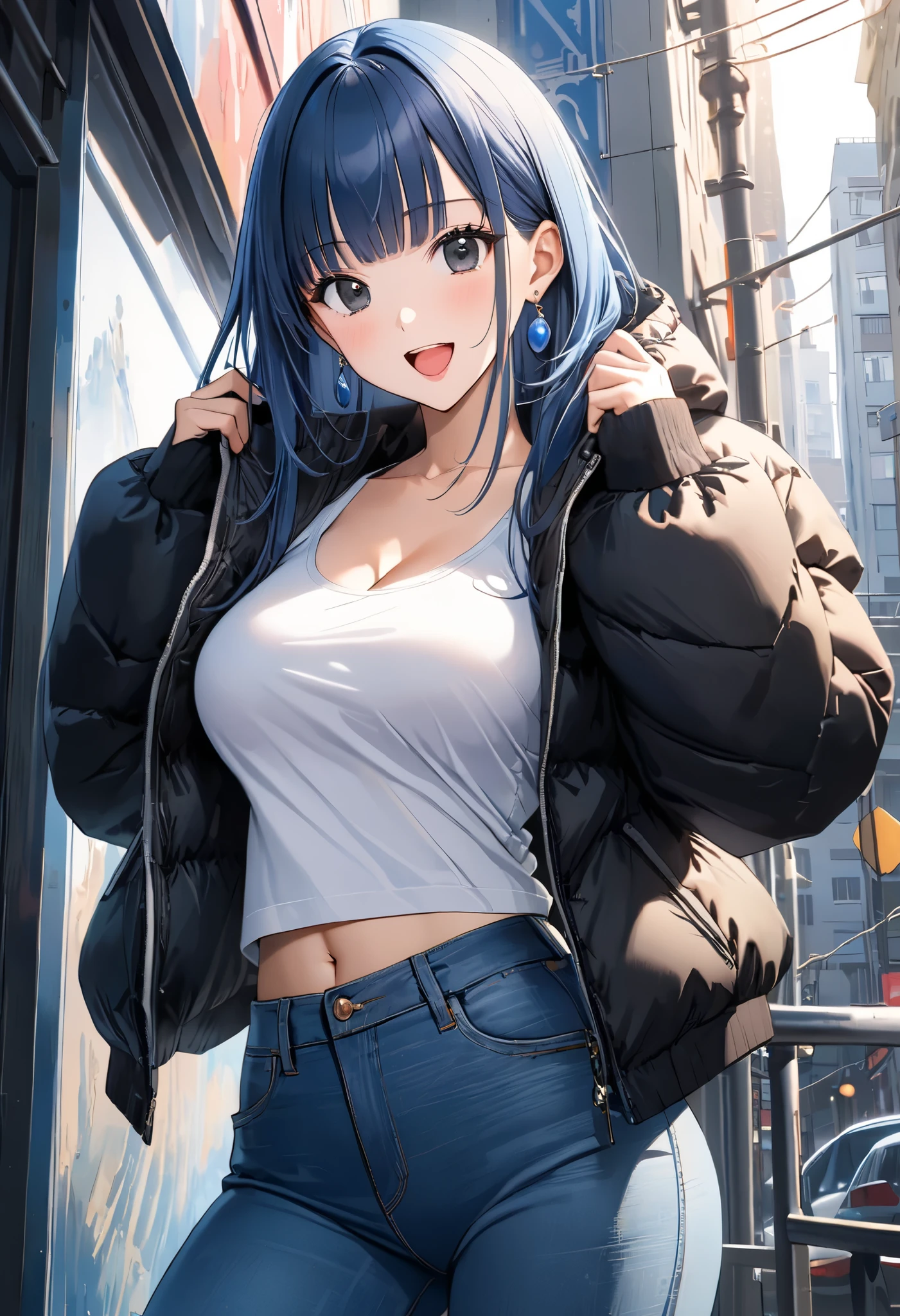 masterpiece, Best Quality, High resolution,16k,official art,super detailed skin,detailed,animated painting, Takarada Rikka ,1990s \(style\),(F cup beautiful breasts)、25years old, (tall:1.2),height: 175cm,Sexy and long legs,Fashion model body type、Long Hair、blunt bangs,(Dark blue hair color:1.4)、bare decollete,(downjacket,jeans,white T-shirt:1.3),sideboob,Belly button、Abdominal muscles,,Black Eyes,Blue Earrings,pale pink lipstick,Muscular、1girl、{{big_laugh}},Open your mouth wide,Shy、Anime-style painting style,Close-up of the full body,Cinematic lighting,superfine,magnificent view、in the city,morning,winter,(sexy),closeup