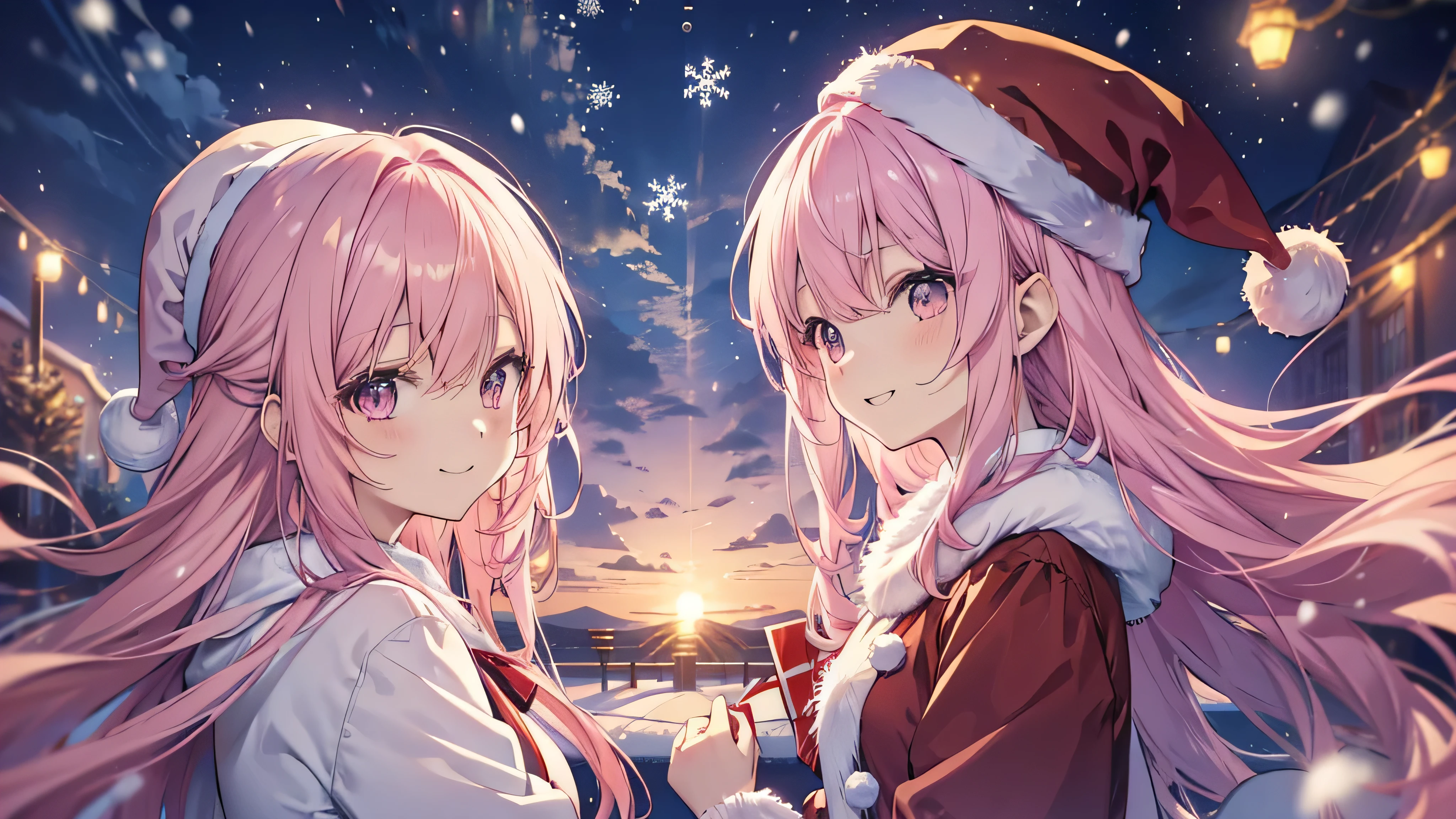 cute anime pink haired girl、 Dynamic 、 long hair、( angle from side 、 Best Smile 、 Christmas style ,Santa Costu－M,Snow Scene,)