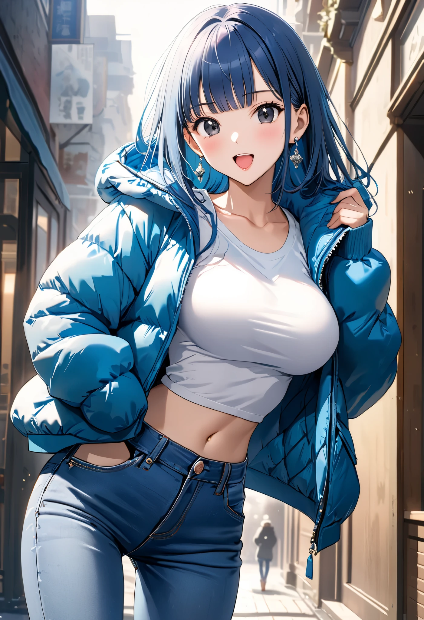 masterpiece, Best Quality, High resolution,16k,official art,super detailed skin,detailed,animated painting, Takarada Rikka ,1990s \(style\),(F cup beautiful breasts)、25years old, (tall:1.2),height: 175cm,Sexy and long legs,Fashion model body type、Long Hair、blunt bangs,（Dark blue hair color:1.4）、bare decollete,(downjacket,jeans,white T-shirt:1.3),sideboob,Belly button、Abdominal muscles,,Black Eyes,Blue Earrings,pale pink lipstick,Muscular、1girl、{{big_laugh}},Open your mouth wide,Shy、Anime-style painting style,Close-up of the full body,Cinematic lighting,superfine,magnificent view、in the city,morning,winter,(sexy),closeup