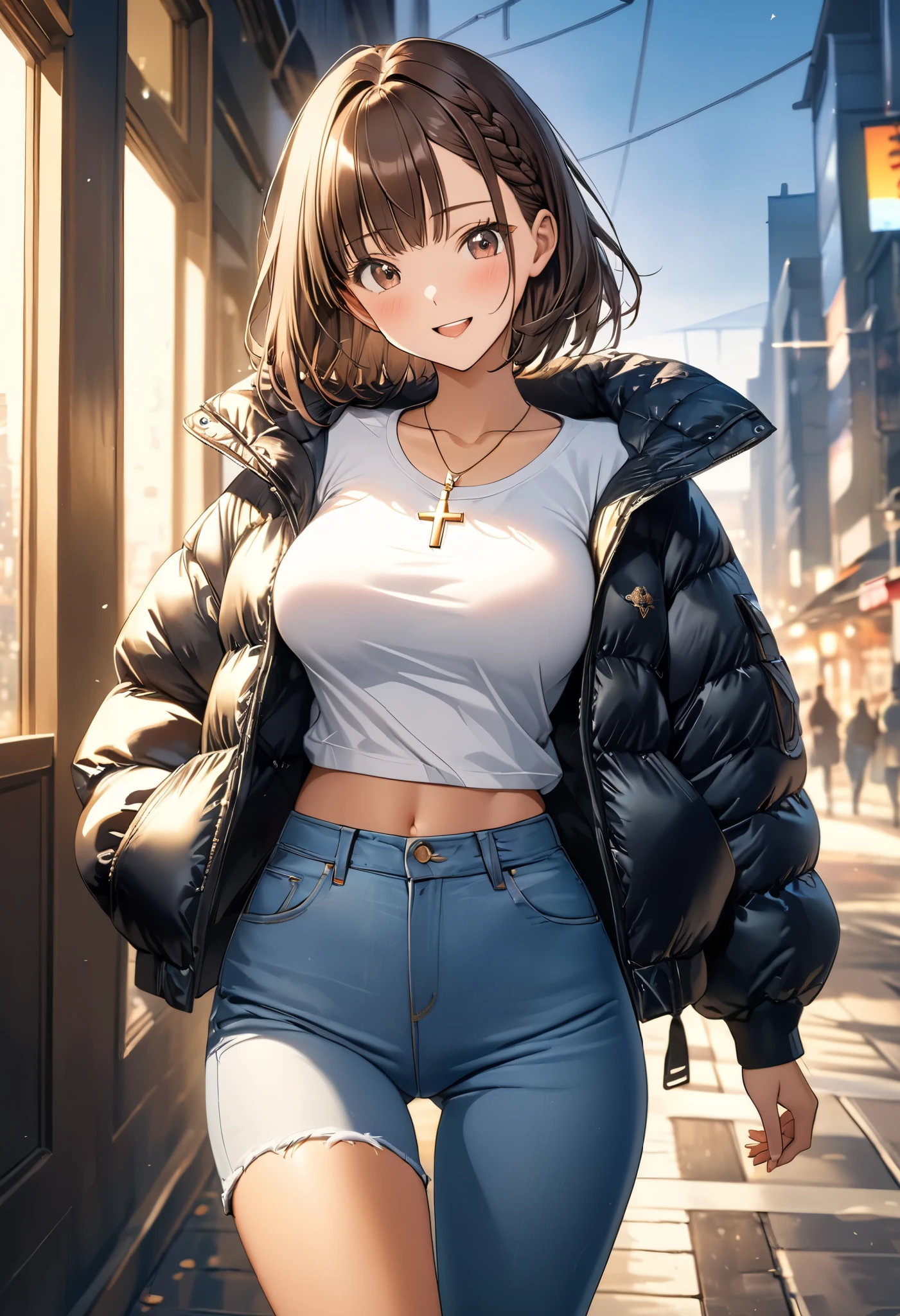 masterpiece, Best Quality, High resolution,16k,official art,super detailed skin,detailed,animated painting, Takarada Rikka ,1990s \(style\),(F cup beautiful breasts)、25years old, (tall:1.2),height: 175cm,Sexy long legs,Fashion model body type,Medium Hair,forehead,Brown Hair,french braid,(downjacket,jeans,white T-shirt:1.3),white mini skirt,cross necklace,(tanned skin:1.3),Muscular、1girl,big laugh,Shy、Shyness,blush,Anime-style painting style,Close-up of the full body,Cinematic lighting,superfine,magnificent view、in the city,morning,winter,(sexy),closeup