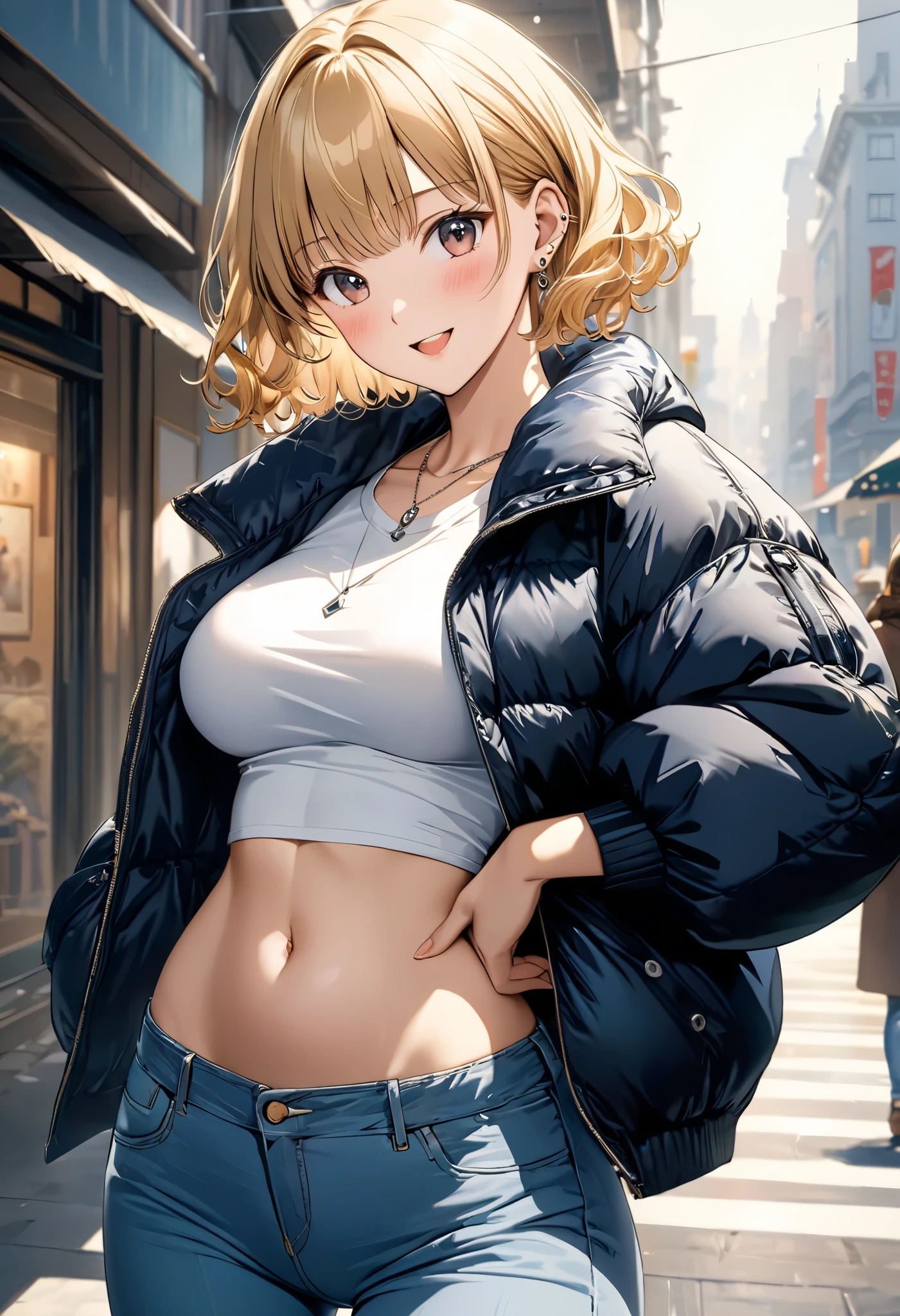 masterpiece, Best Quality, High resolution,16k,official art,super detailed skin,detailed,animated painting, Takarada Rikka ,1990s \(style\),(F cup beautiful breasts)、25years old, (tall:1.2),height: 175cm,Fashion model body type、Short Hair、wavy hair,（Blonde）、gal,(downjacket,jeans,white T-shirt:1.3),Belly button,necklace、Ear piercing,,Muscular、1girl、big laugh,Shy、blush,Shyness,Anime-style painting style,Close-up of the full body,Cinematic lighting,superfine,magnificent view,in the city,morning,winter,(sexy),closeup