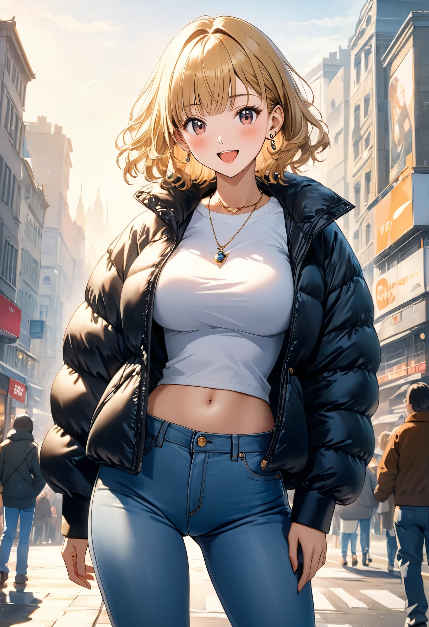 masterpiece, Best Quality, High resolution,16k,official art,super detailed skin,detailed,animated painting, Takarada Rikka ,1990s \(style\),(F cup beautiful breasts)、25years old, (tall:1.2),height: 175cm,Fashion model body type、Short Hair、wavy hair,(Blonde)、gal,(downjacket,jeans,white T-shirt:1.3),Belly button,necklace、Ear piercing,,Muscular、1girl、big laugh,Shy、blush,Shyness,Anime-style painting style,Close-up of the full body,Cinematic lighting,superfine,magnificent view,in the city,morning,winter,(sexy),closeup