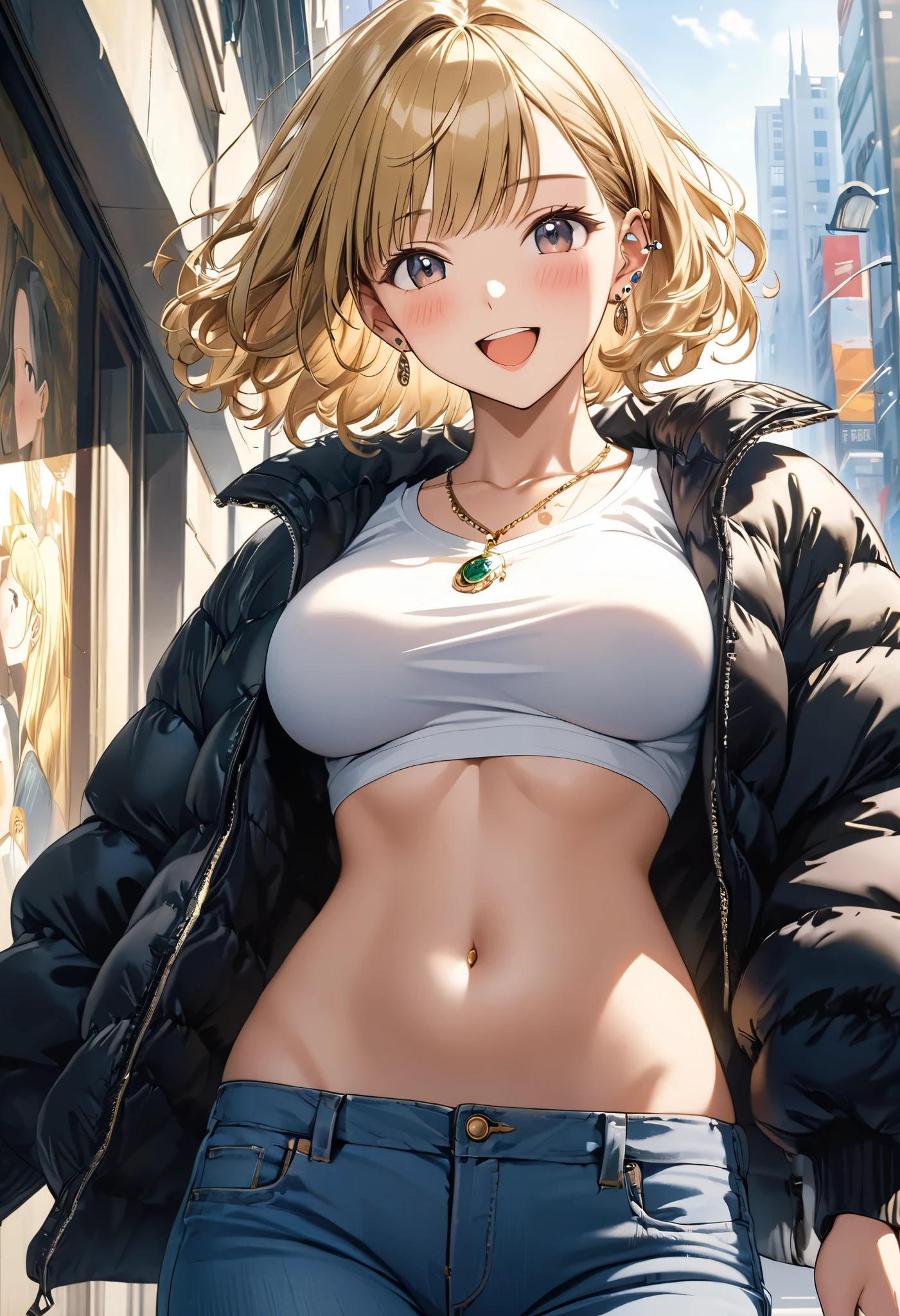 masterpiece, Best Quality, High resolution,16k,official art,super detailed skin,detailed,animated painting, Takarada Rikka ,1990s \(style\),(F cup beautiful breasts)、25years old, (tall:1.2),height: 175cm,Fashion model body type、Short Hair、wavy hair,（Blonde）、gal,(downjacket,jeans,white T-shirt:1.3),Belly button,necklace、Ear piercing,,Muscular、1girl、big laugh,Shy、blush,Shyness,Anime-style painting style,Close-up of the full body,Cinematic lighting,superfine,magnificent view,in the city,morning,winter,(sexy),closeup