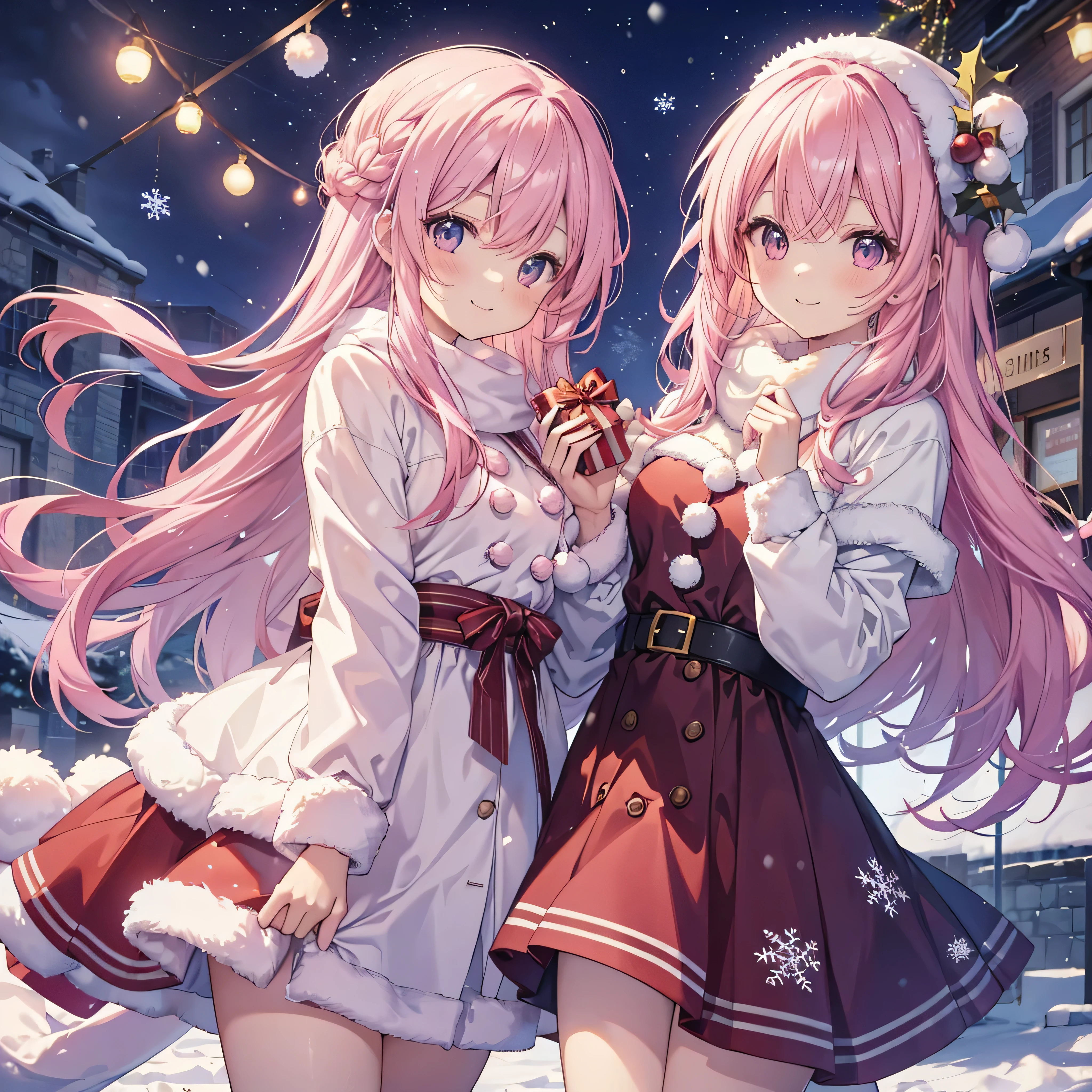 cute anime pink haired girl、 Dynamic 、 long hair、( Best Smile 、 Christmas style ,Snow Scene,)