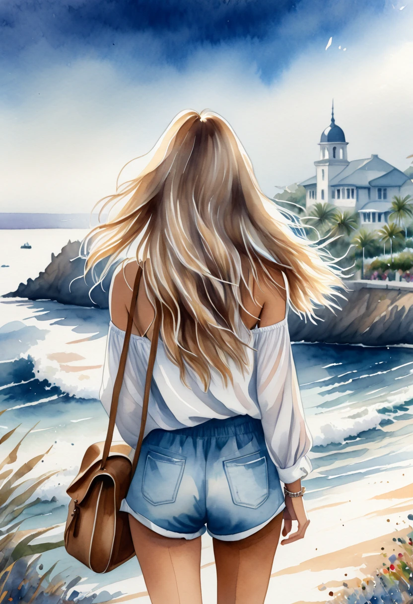  a watercolor painting of a woman with long blond hair and a bag seen from behind, the woman is wearing shorts and white top beautiful drawing style ,  detailed fashion illustration , Long hair girl ,The girl is looking out to sea 