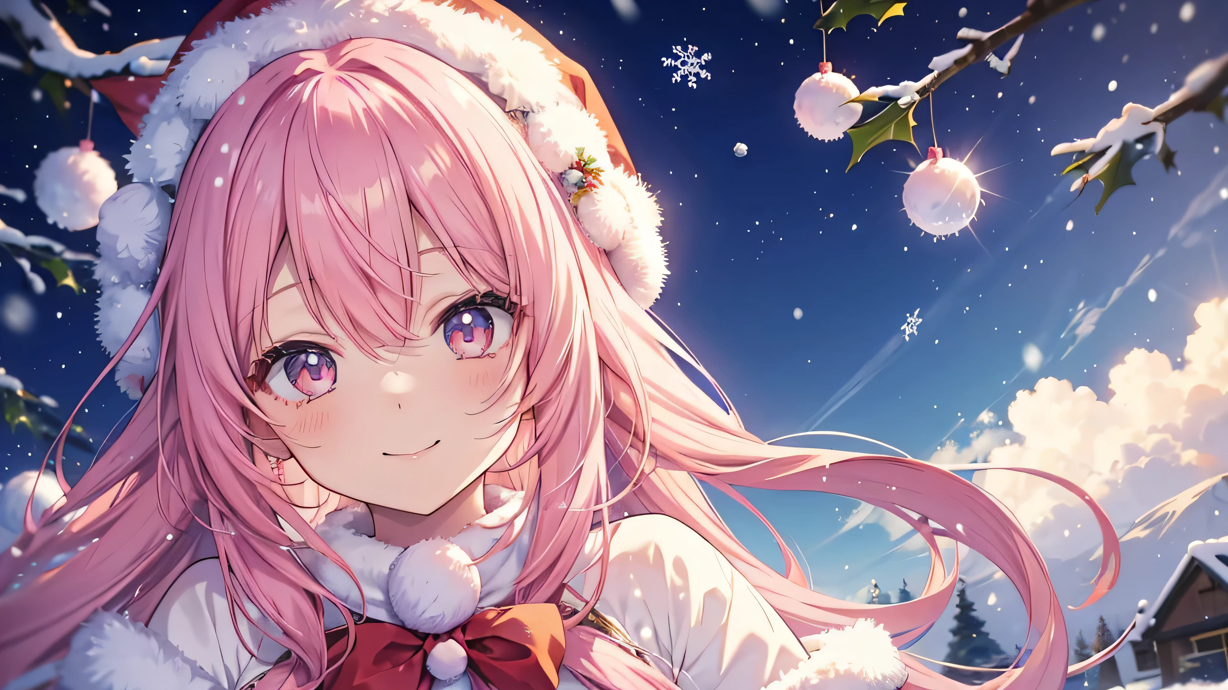  cute anime pink haired girl、 Dynamic、 long hair、( Best Smile 、 Christmas style ,Snow Scene,)