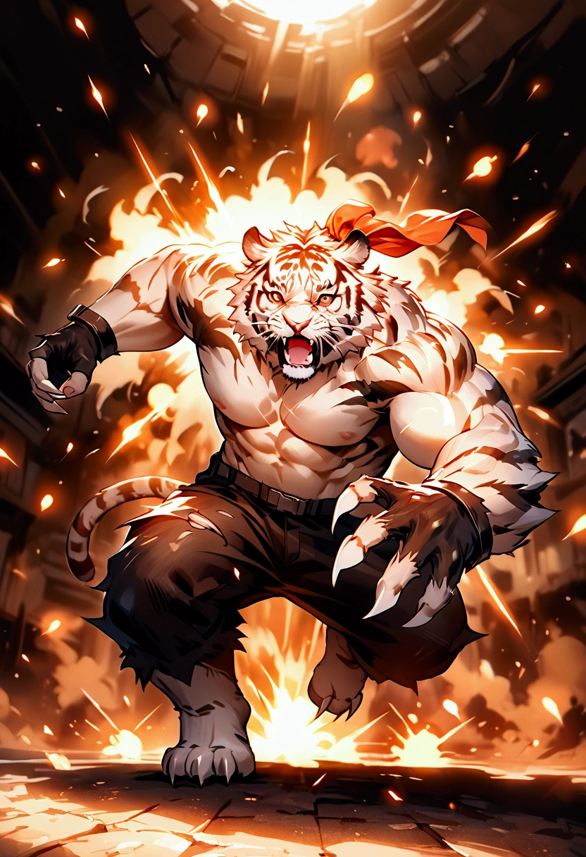 A highly muscular, athletic anthro white tiger, wearing torn jeans and no shirt, fingerless gloves, and a red bandana, in a fierce fighting pose, with large sharp wolverine-like claws. The tiger should appear hyper-realistic, with intricate details on its fur, muscles, and clothing. In the background, dramatic explosions illuminate the scene with vibrant orange and yellow tones, creating a dynamic and chaotic atmosphere. The image should be photorealistic, 8k resolution, with cinematic lighting, dramatic shadows, and vibrant colors, emphasizing the intensity of the moment.

