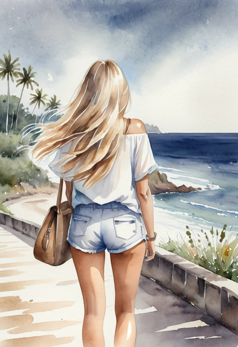  a watercolor painting of a woman with long blond hair and a bag seen from behind, the woman is wearing shorts and white top beautiful drawing style ,  detailed fashion illustration , Long hair girl ,The girl is looking out to sea 