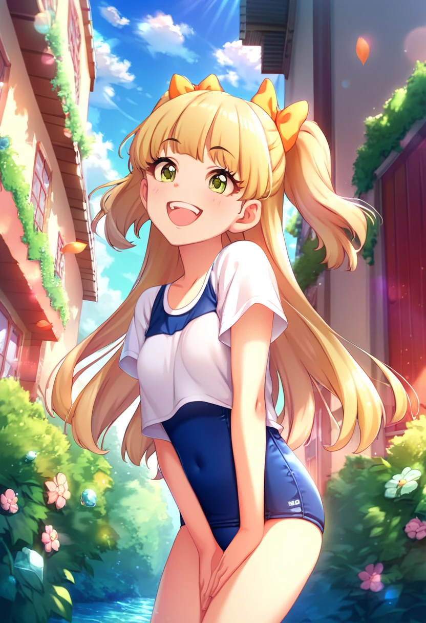 Score_9, Score_8_Excellent, Score_7_Excellent, Source_Anime, evaluation_SenSitive, Sexually SuggeStive, Smile,  outdoor, Sunbeam,Double teeth， openS her mouth wide ，  double piece， S，  long hair, blonde alone ,  hair bow ,Green EyeS, Small breaStS, Gym clotheS, 白いGym clotheS, untucked Shirt, ,between legs，( between legsアップ ，)　 SCHOOL SWIMSUIT 