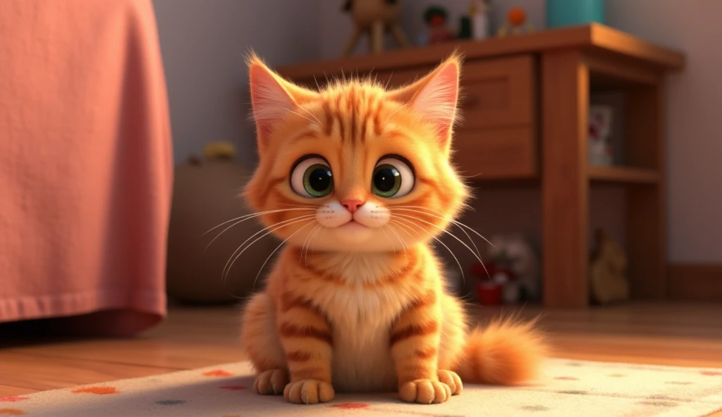 Pixar animated 3D image with vibrant color. Cute fat cat with dark orange fur with straight white stripes. With an innocent face, pampered at human feet. Situation inside the house.