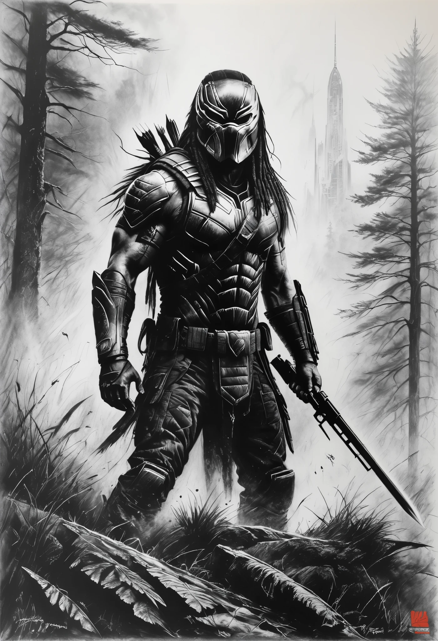 charcoal drawing, crayons, black pencil drawing, pencil drawing, black and white drawing, graffiti drawing , poster, close-up, predator (2018 film ), "predator's Gaze: shrouded in mist ", moving feature film , view from bottom to top, the frightening appearance of the iconic hunter of the sophistication of Weta Digital, wrapped in clouds of mysterious smoke in an ancient forest , presented in stunning hyperrealism Art by Andrey Atroshenko