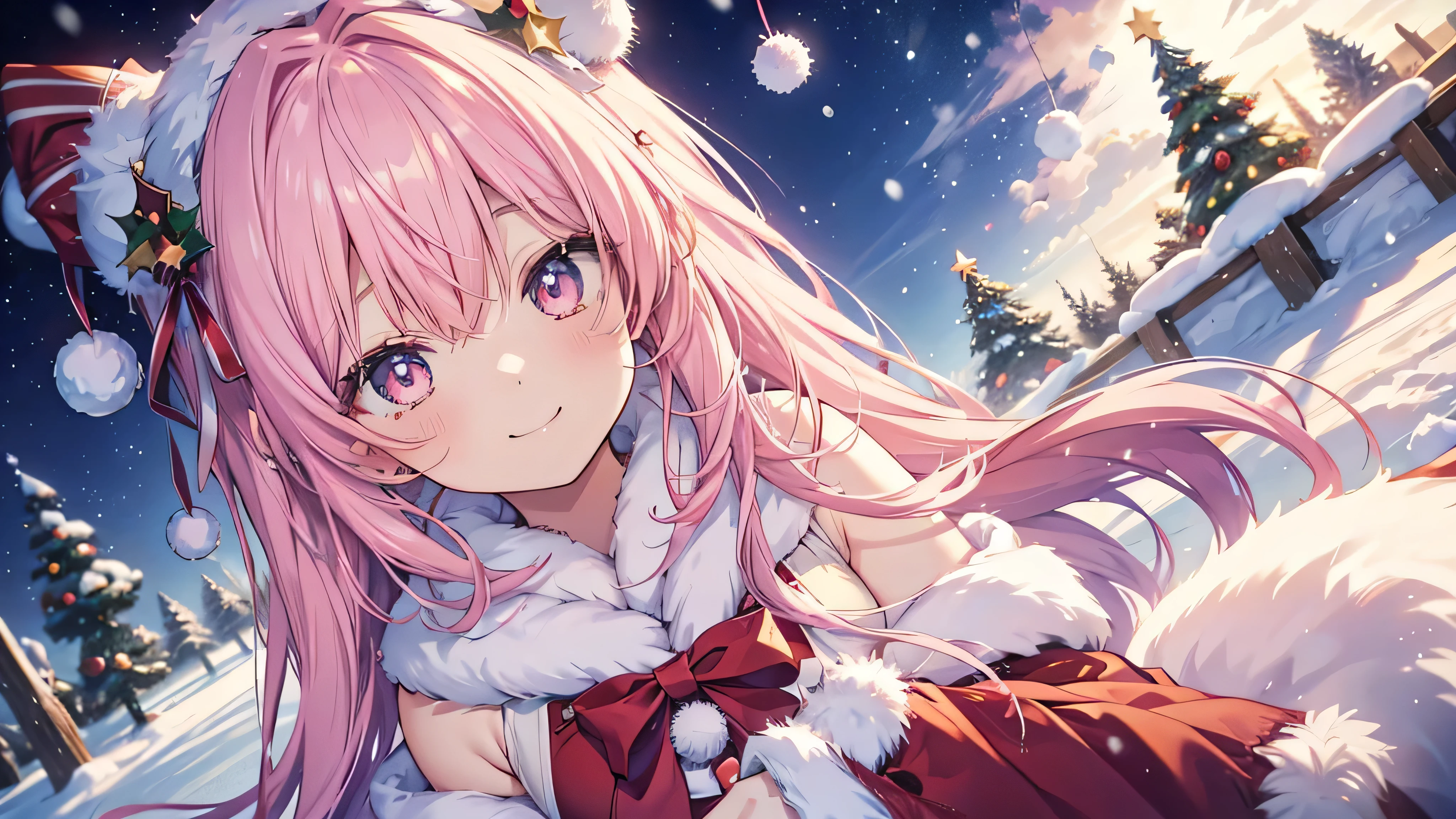  cute anime pink haired girl、 Dynamic、 long hair、( Best Smile 、 Christmas style ,Snow Scene,) angle from above,