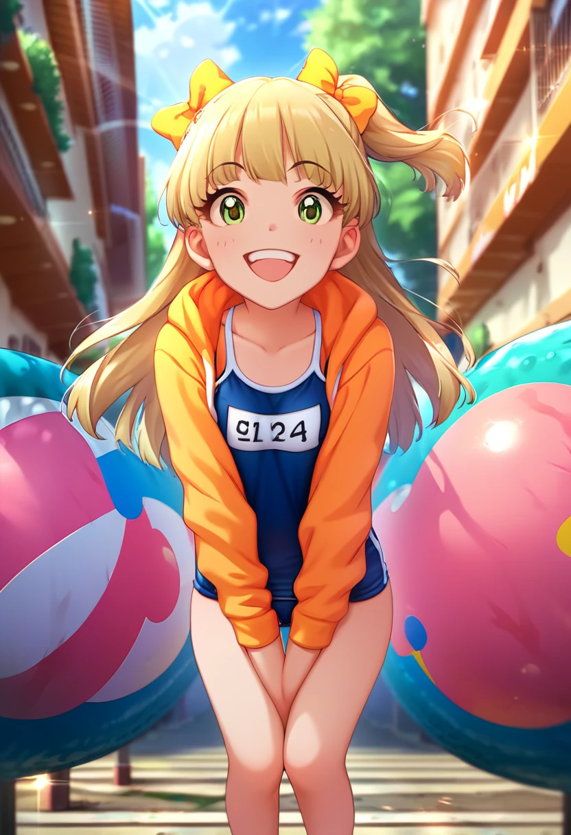 Score_9, Score_8_Excellent, Score_7_Excellent, Source_Anime, evaluation_SenSitive, Sexually SuggeStive, Smile,  outdoor, Sunbeam,Double teeth， openS her mouth wide ，  double piece， S，  long hair, blonde alone ,  hair bow ,Green EyeS, Small breaStS, Gym clotheS, 白いGym clotheS, untucked Shirt, ,between legs，( between legsアップ ，)　 SCHOOL SWIMSUIT 