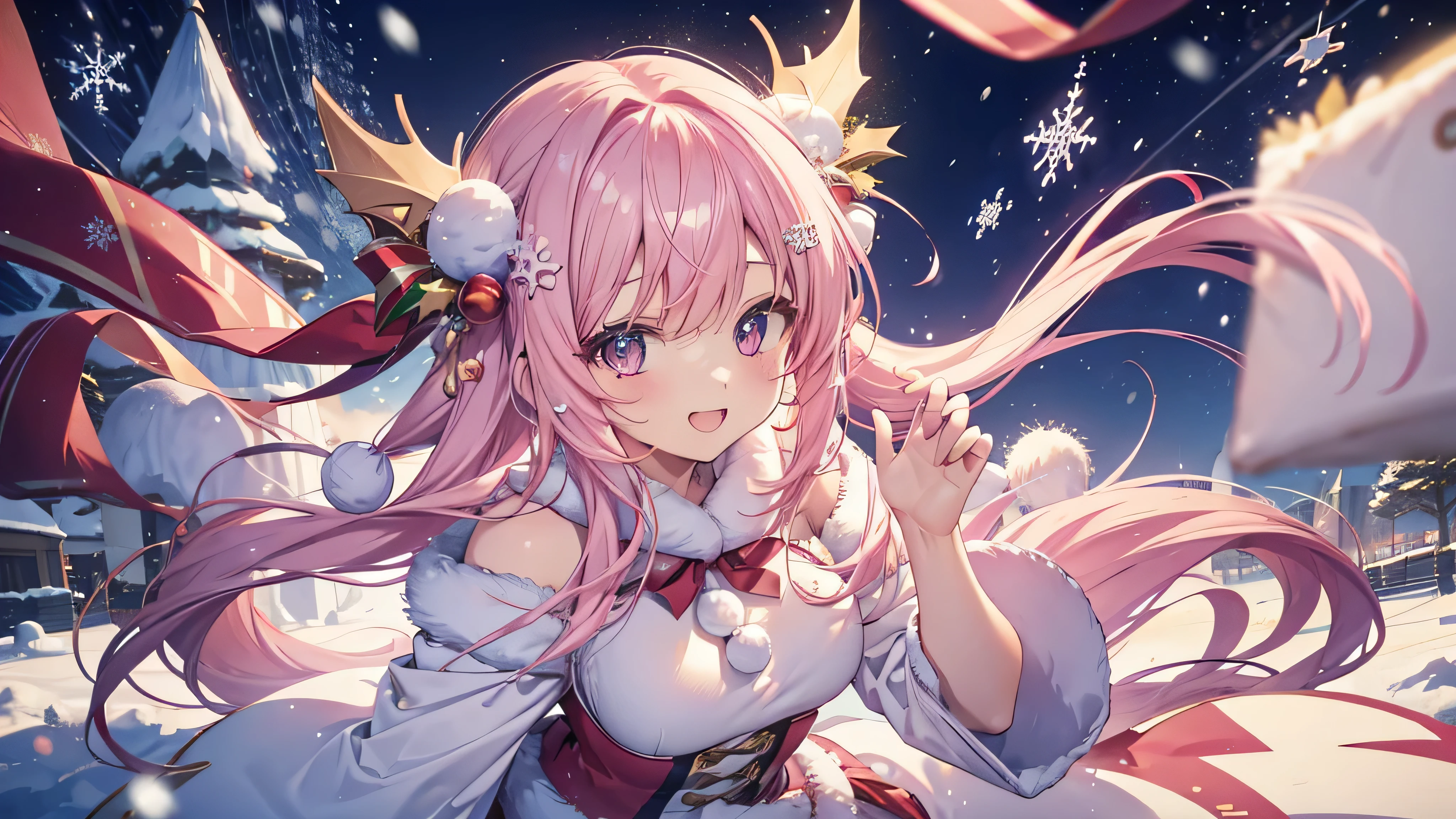  cute anime pink haired girl、 Dynamic、 long hair、( Best Smile 、 Christmas style ,Snow Scene,) angle from above,