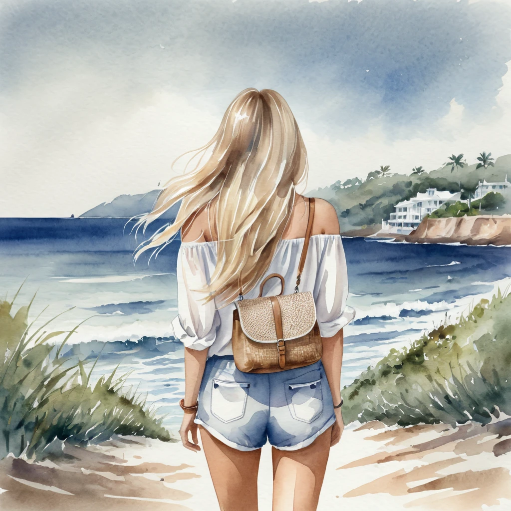  a watercolor painting of a woman with long blond hair and a bag seen from behind, the woman is wearing shorts and white top beautiful drawing style ,  detailed fashion illustration , Long hair girl ,The girl is looking out to sea 